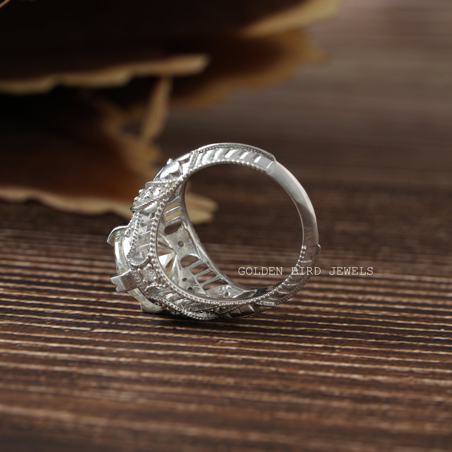 3.85 CT Old Cuts European Round Moissanite Art Deco Ring