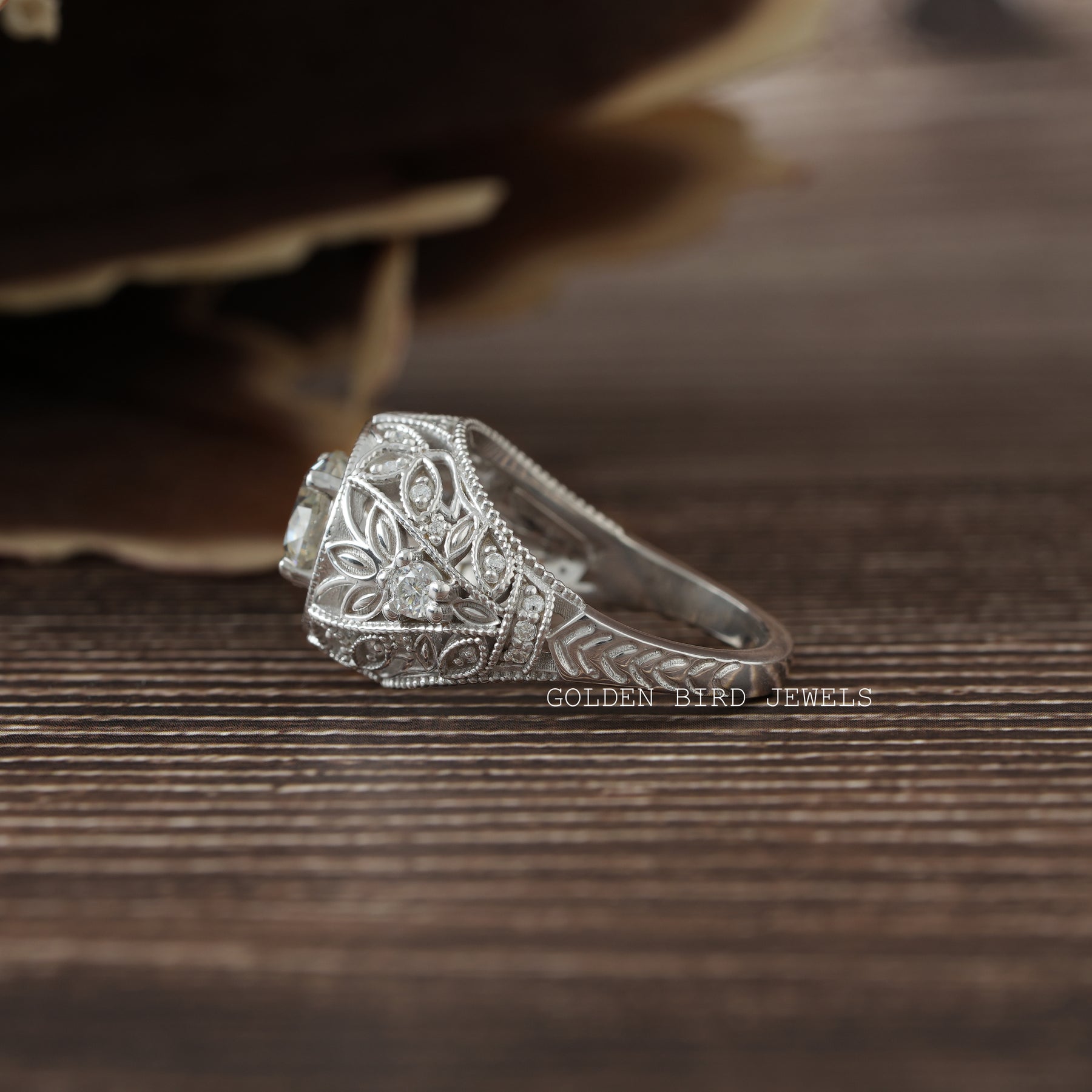 Side View Of Old European Cut Moissanite Engagement Ring In Solid Gold