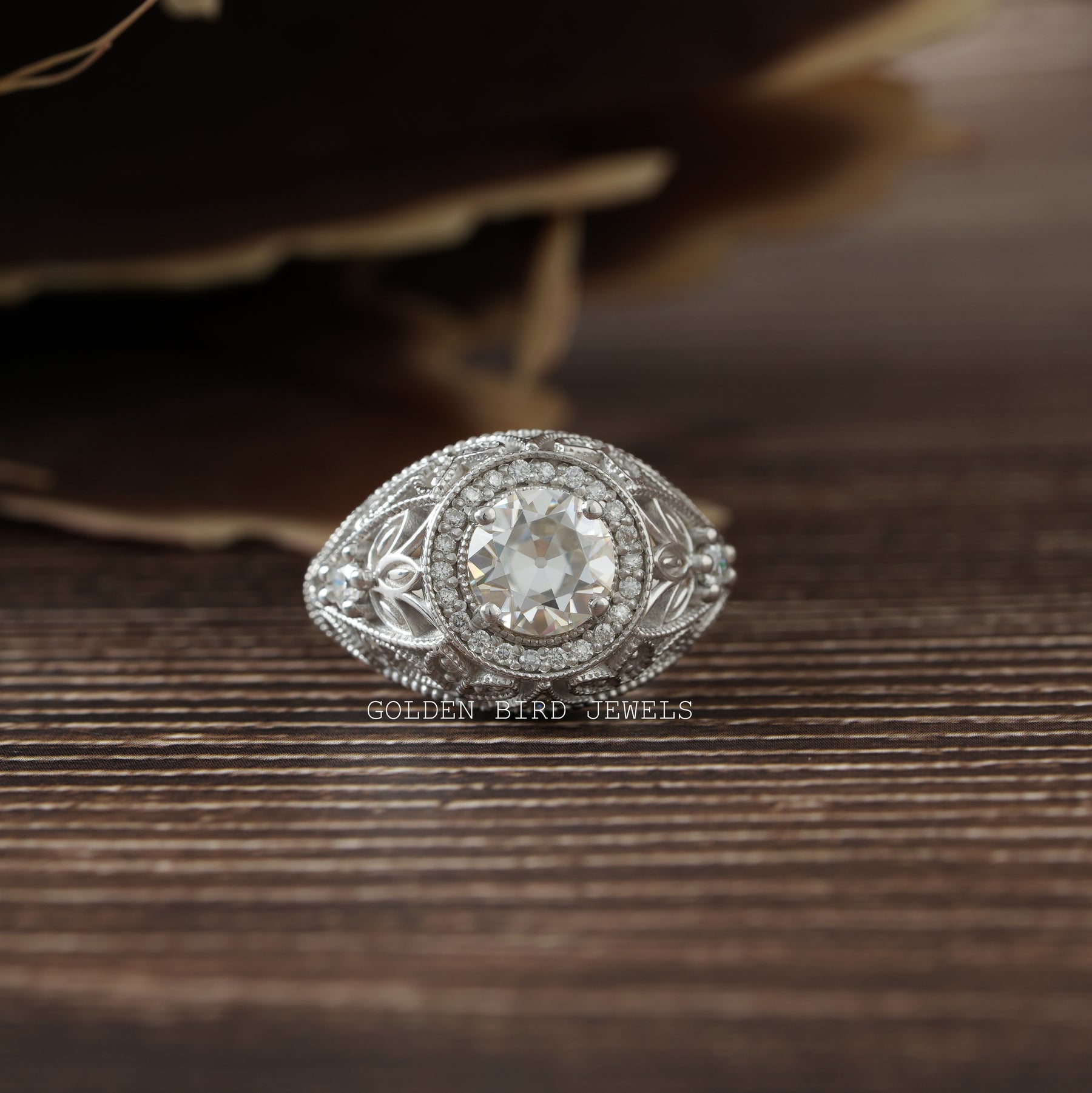 Old European Cut Round Moissanite Vintage Ring In 18k White Gold