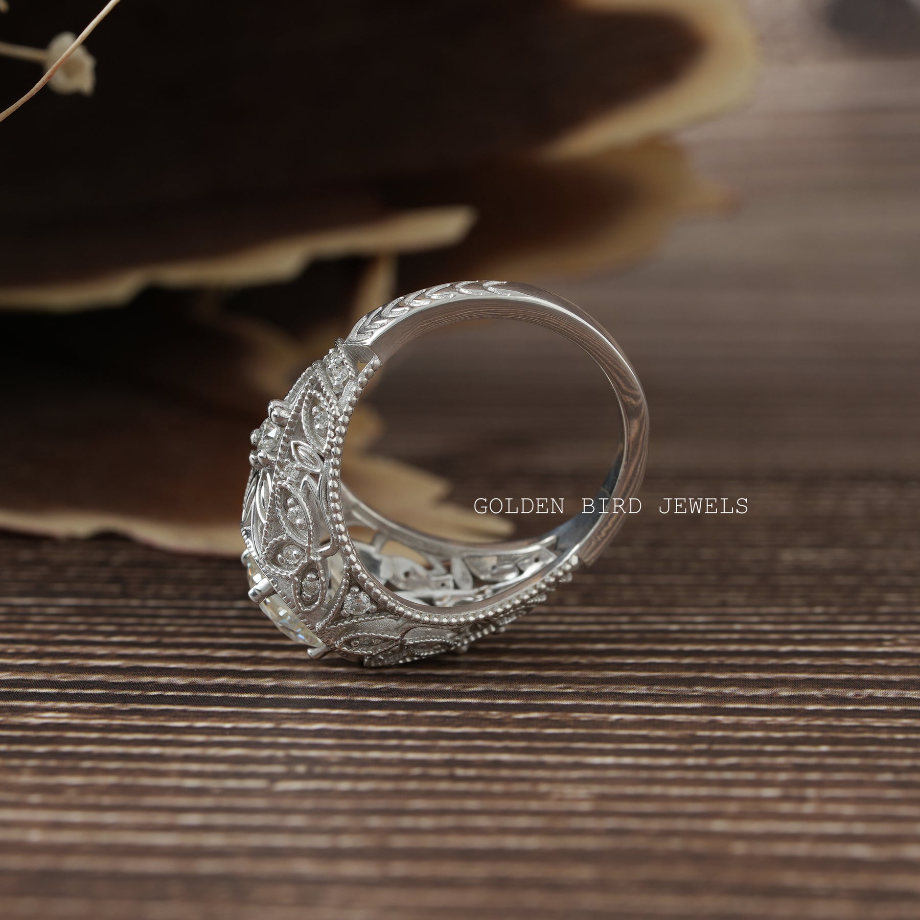 Side View Of White Gold Moissanite Engagement Ring