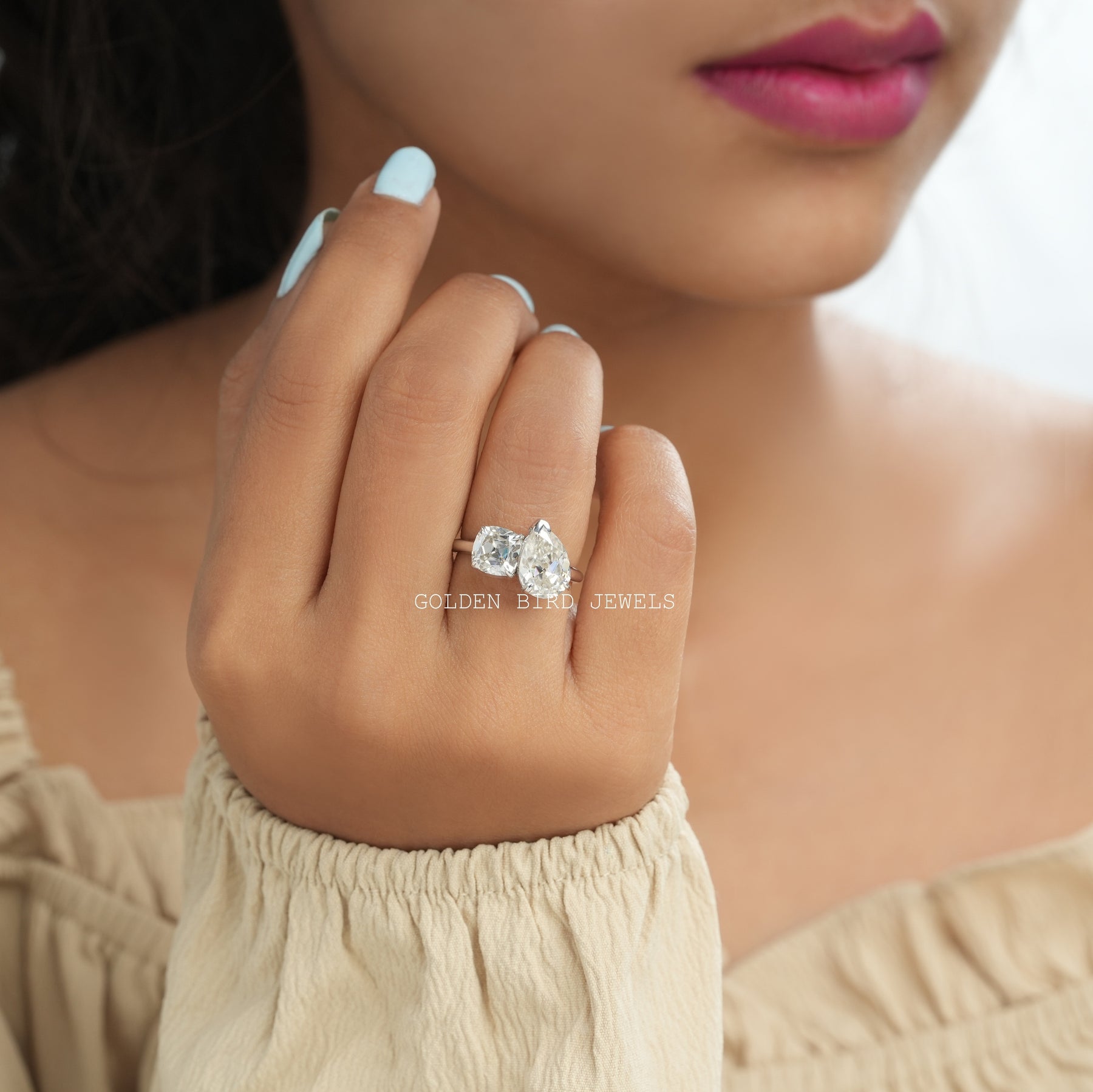 Old Mine Cushion & Old Mine Pear Cut Moissanite Ring