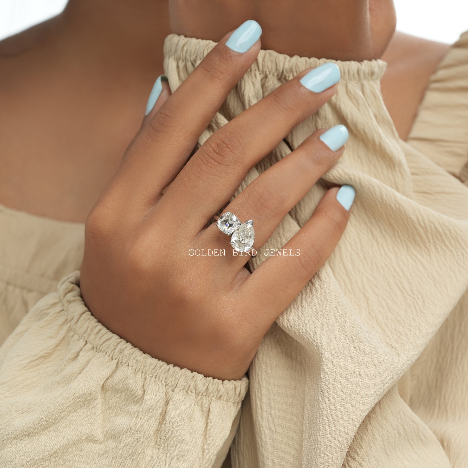 Old Mine Cushion & Old Mine Pear Cut Moissanite Ring