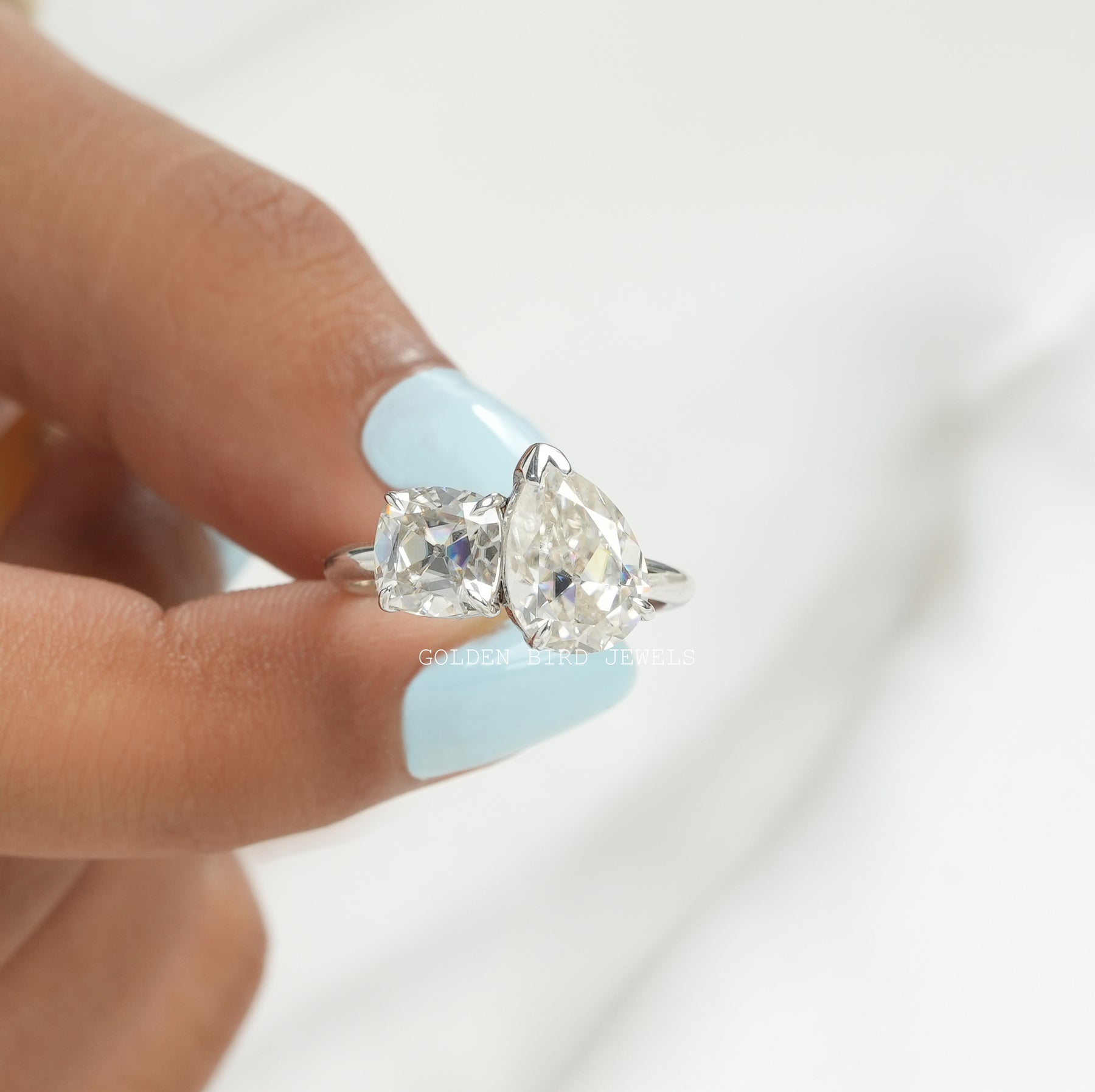 Old Mine Cushion & Old Mine Pear Cut Moissanite Ring