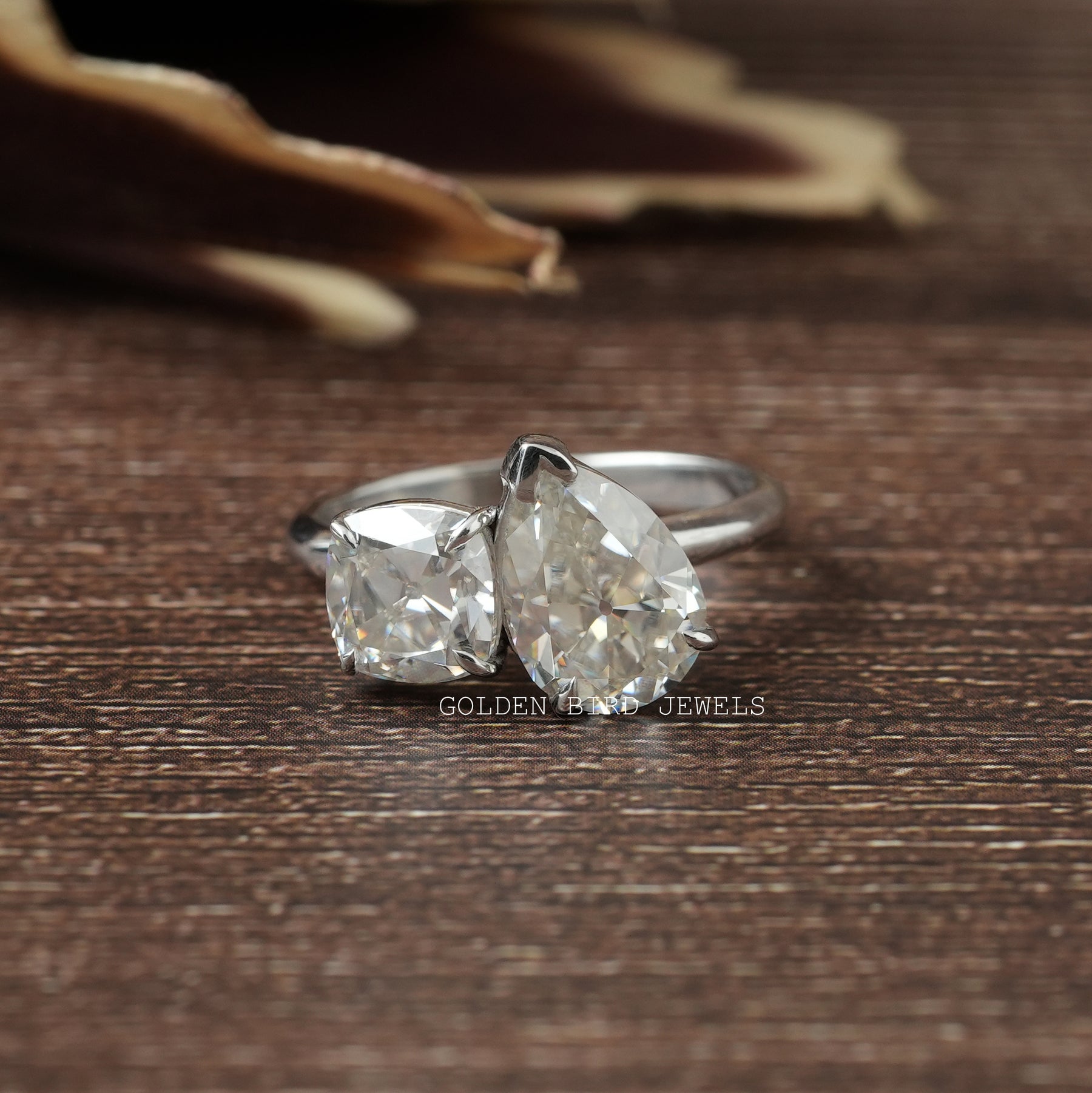 Old Mine Cushion & Old Mine Pear Cut Moissanite Ring
