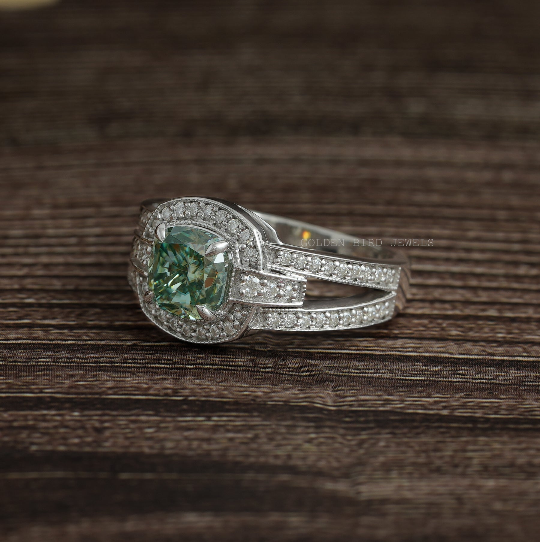 Blue Green Cushion Cut Moissanite Halo Engagement Ring