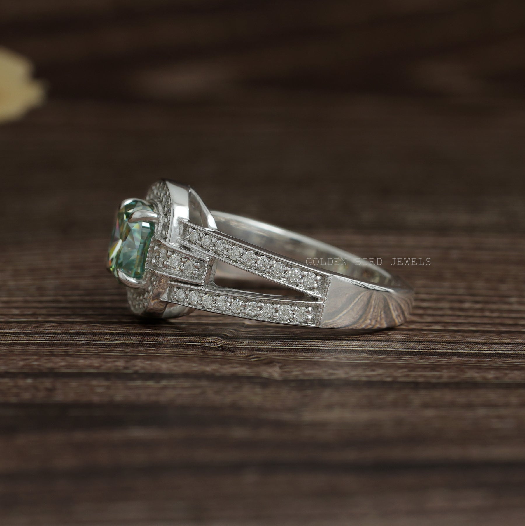 Blue Green Cushion Cut Moissanite Halo Engagement Ring