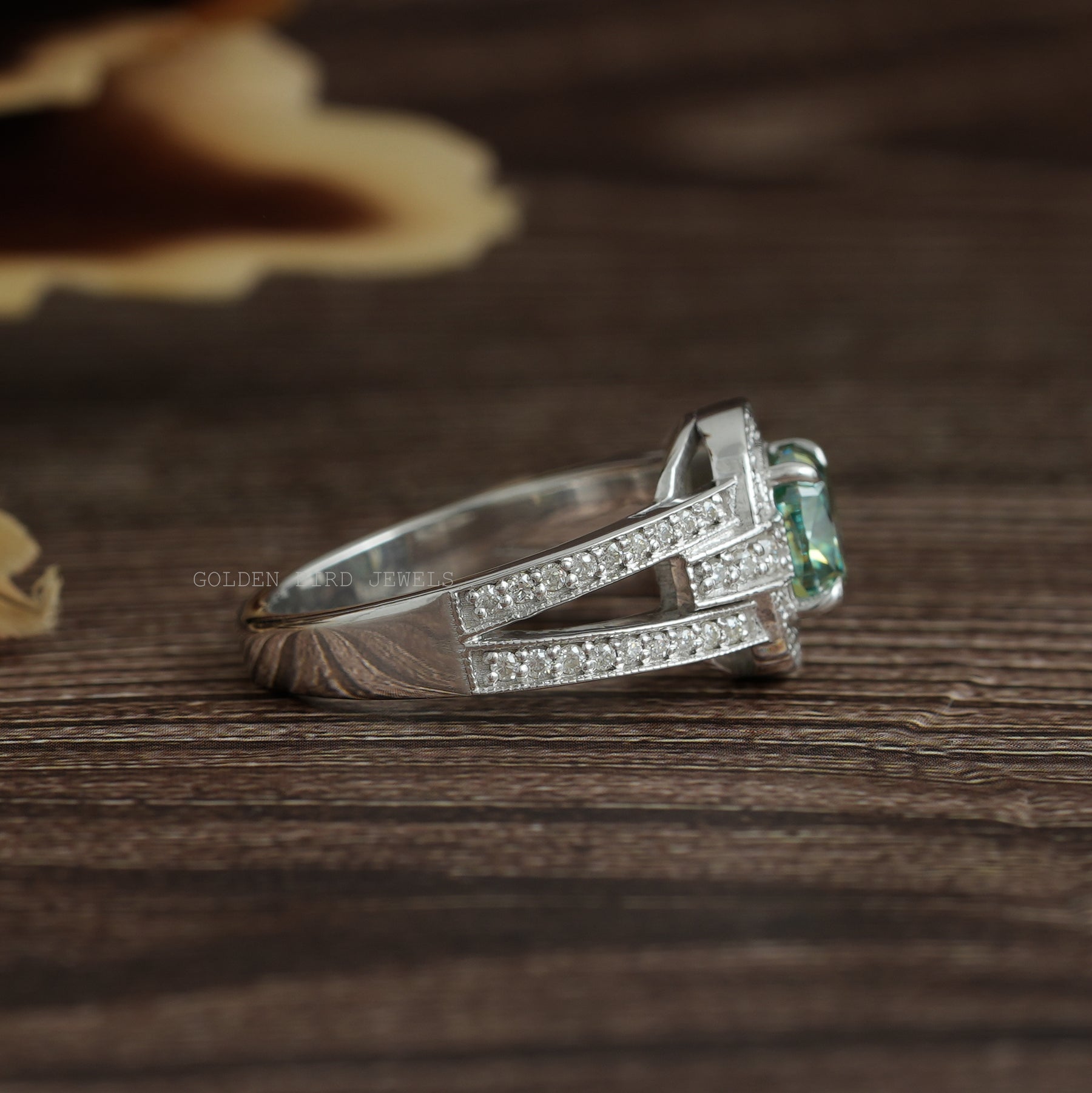 Blue Green Cushion Cut Moissanite Halo Engagement Ring