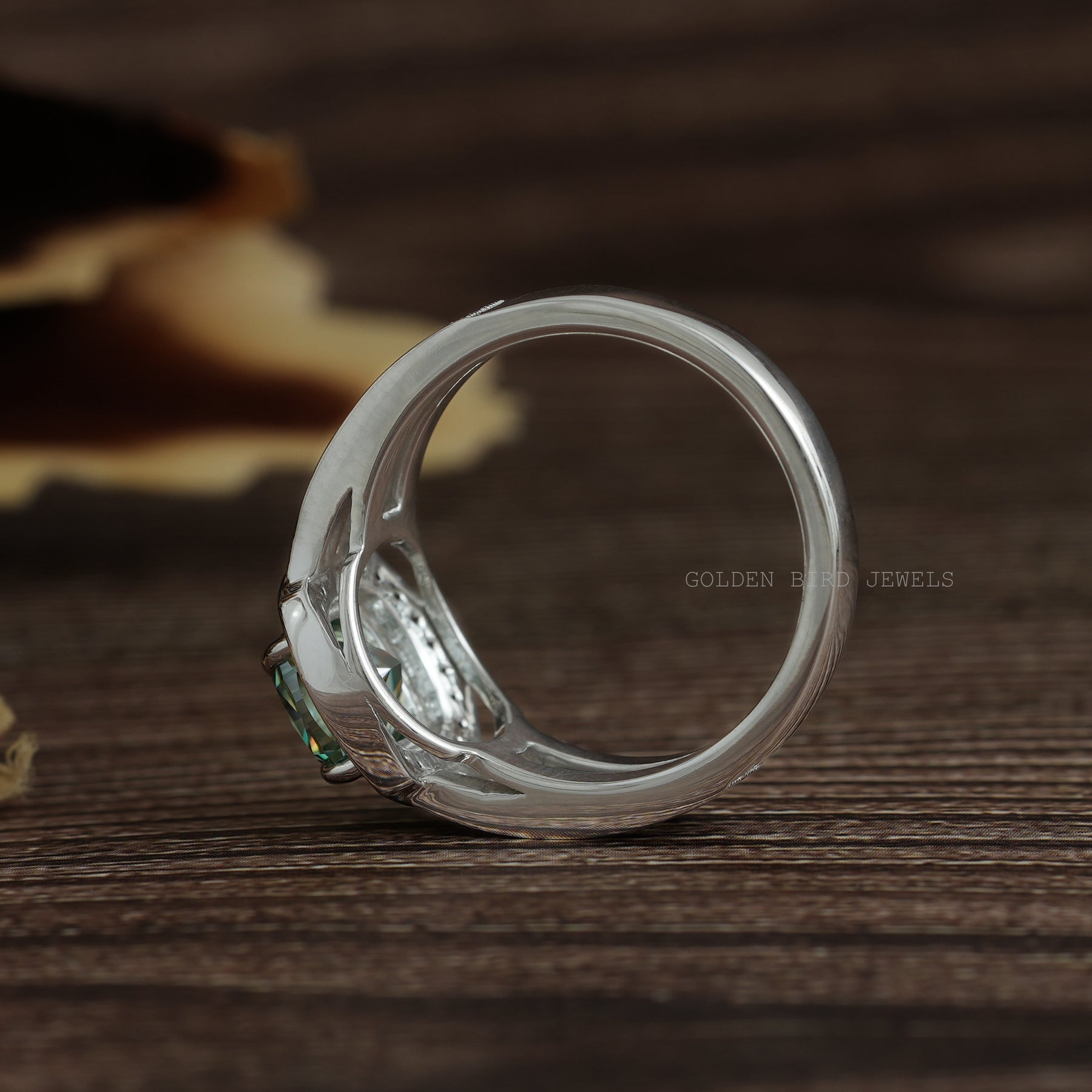 Blue Green Cushion Cut Moissanite Halo Engagement Ring