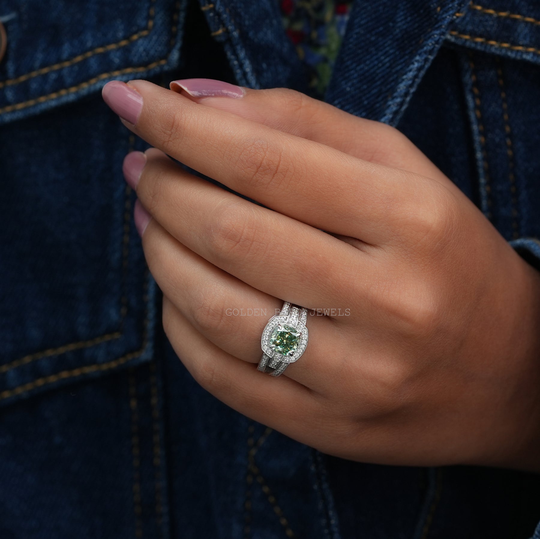 Blue Green Cushion Cut Moissanite Halo Engagement Ring