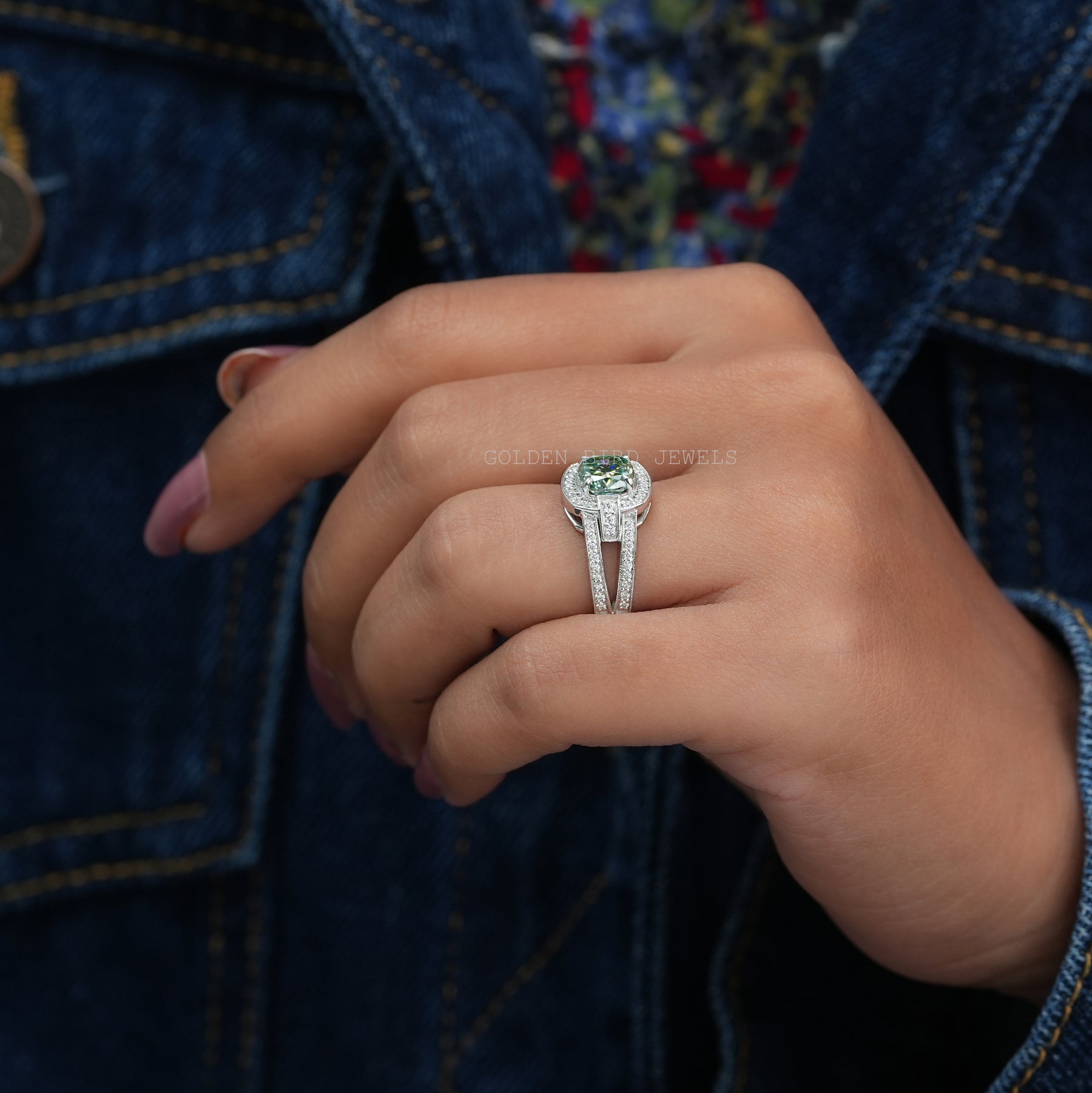 Blue Green Cushion Cut Moissanite Halo Engagement Ring