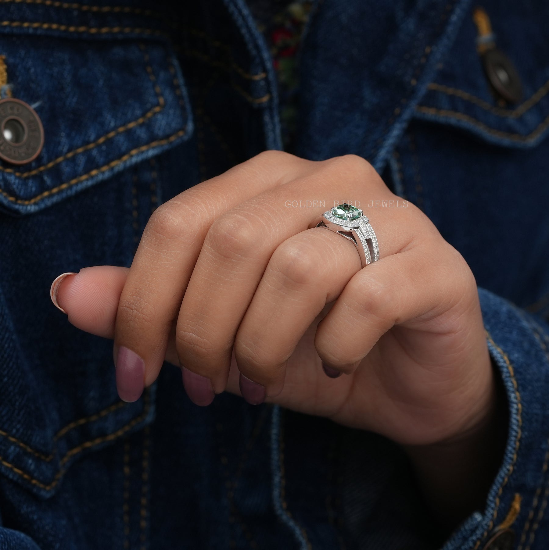 Blue Green Cushion Cut Moissanite Halo Engagement Ring