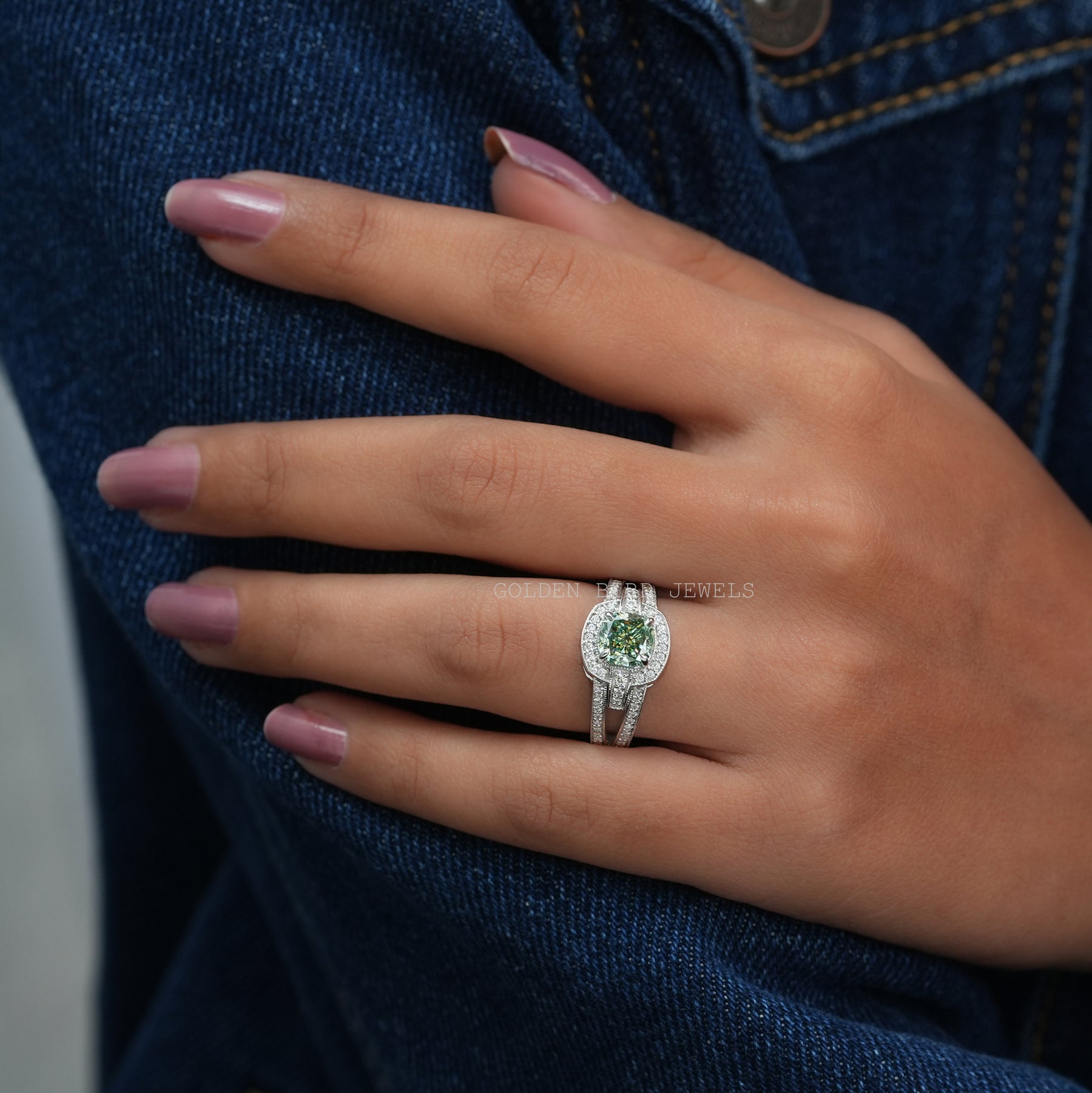 Blue Green Cushion Cut Moissanite Halo Engagement Ring