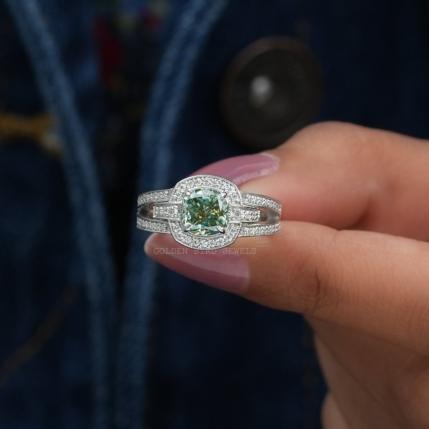 Blue Green Cushion Cut Moissanite Halo Engagement Ring