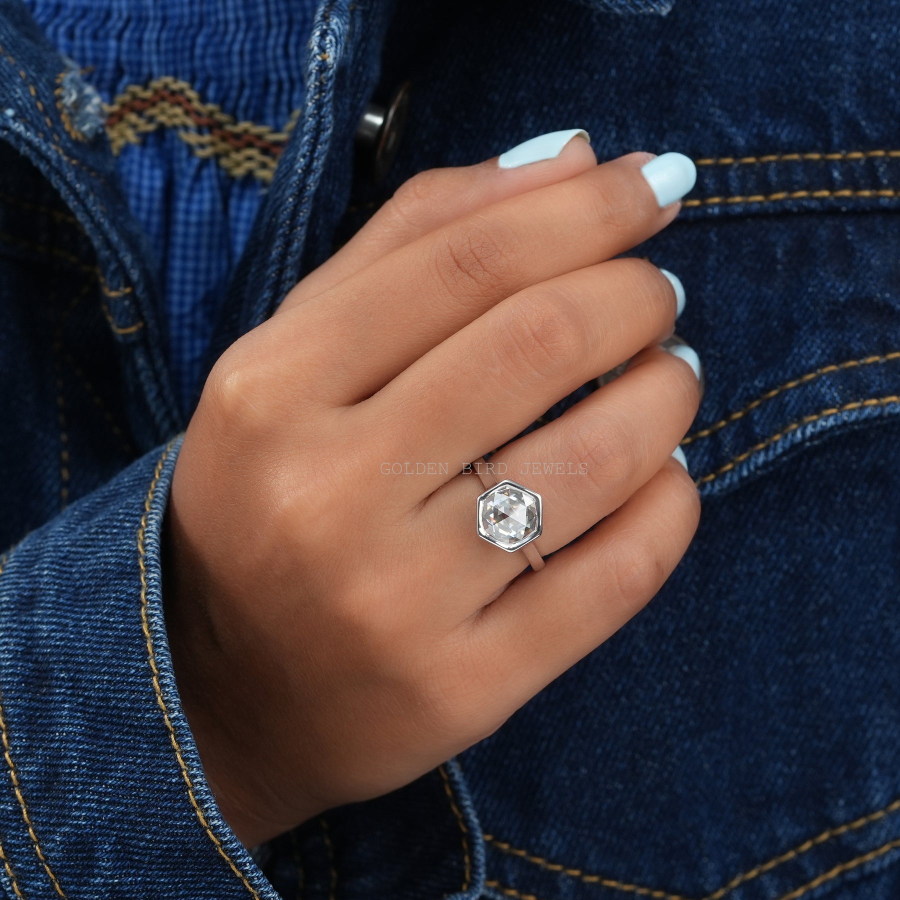 Rose Cut Hexagon Moissanite Engagement Ring