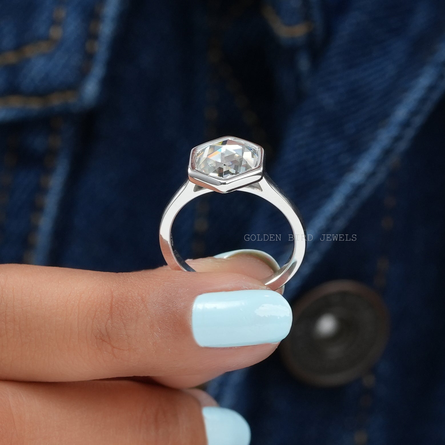 Rose Cut Hexagon Moissanite Engagement Ring