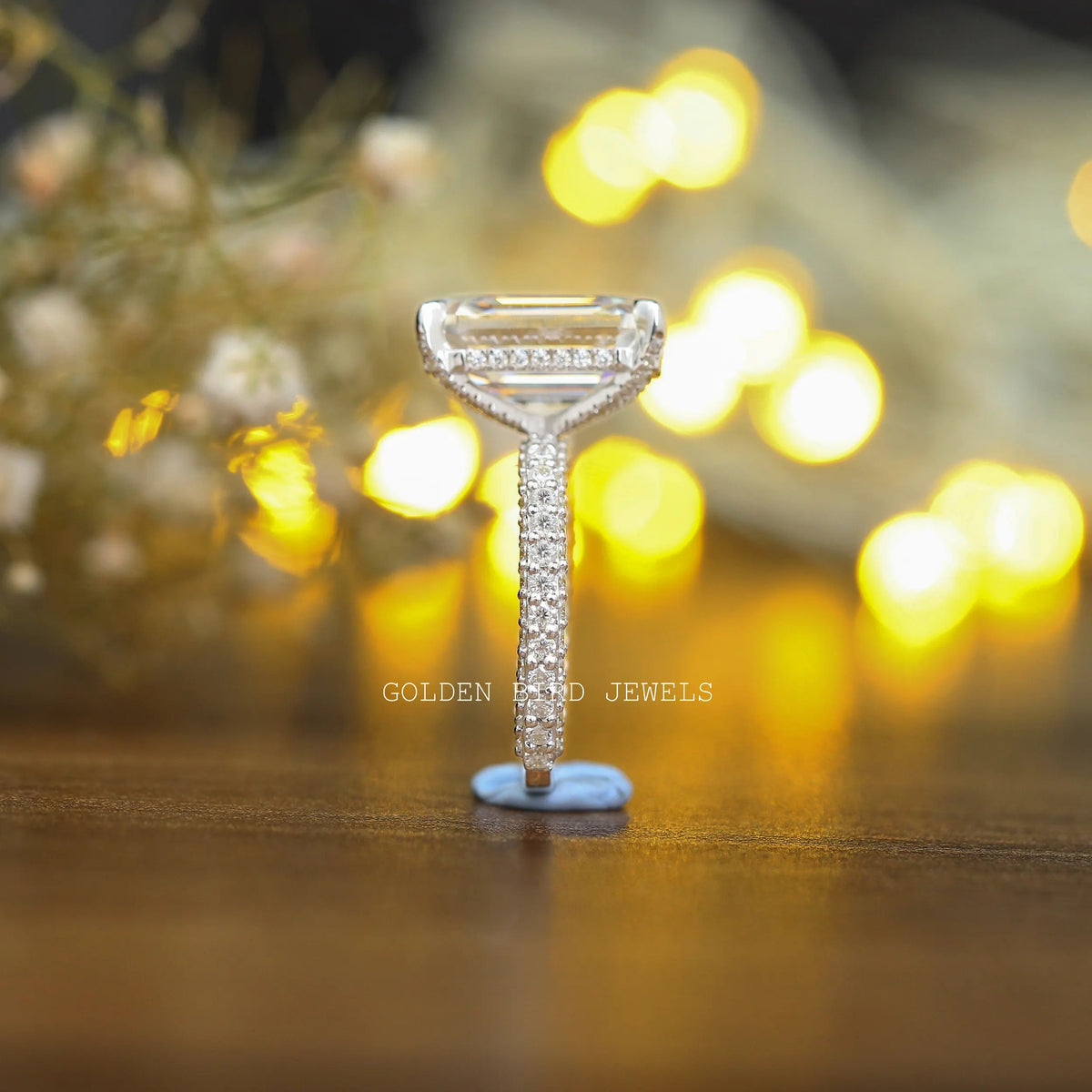 Side View of Vintage Emerald Cut Moissanite Solitaire Engagement Ring