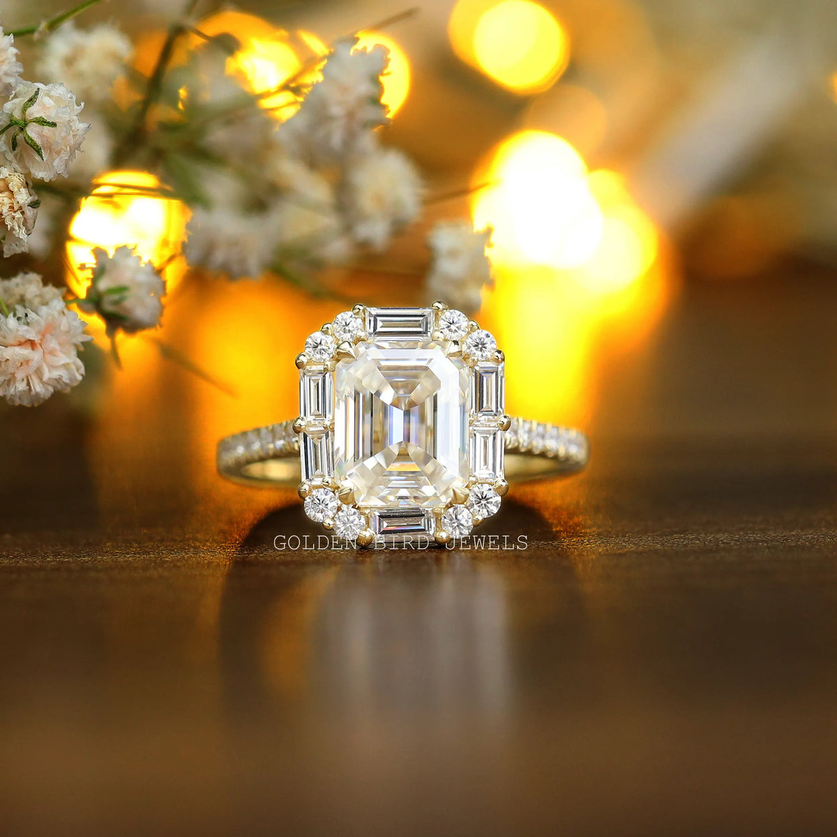 [3.60 Carat Emerald And Baguette Moissanite Halo Engagement Ring]-[Golden Bird Jewels]