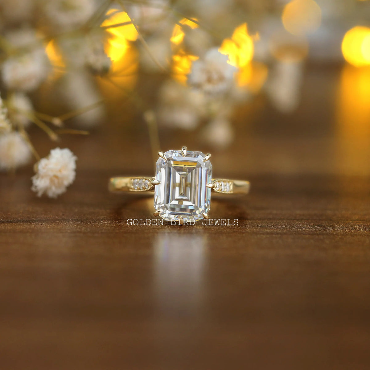 [3.40 Carat Colorless Emerald And Round Cut Moissanite Hidden Halo Engagement Ring]-[Golden Bird Jewels]