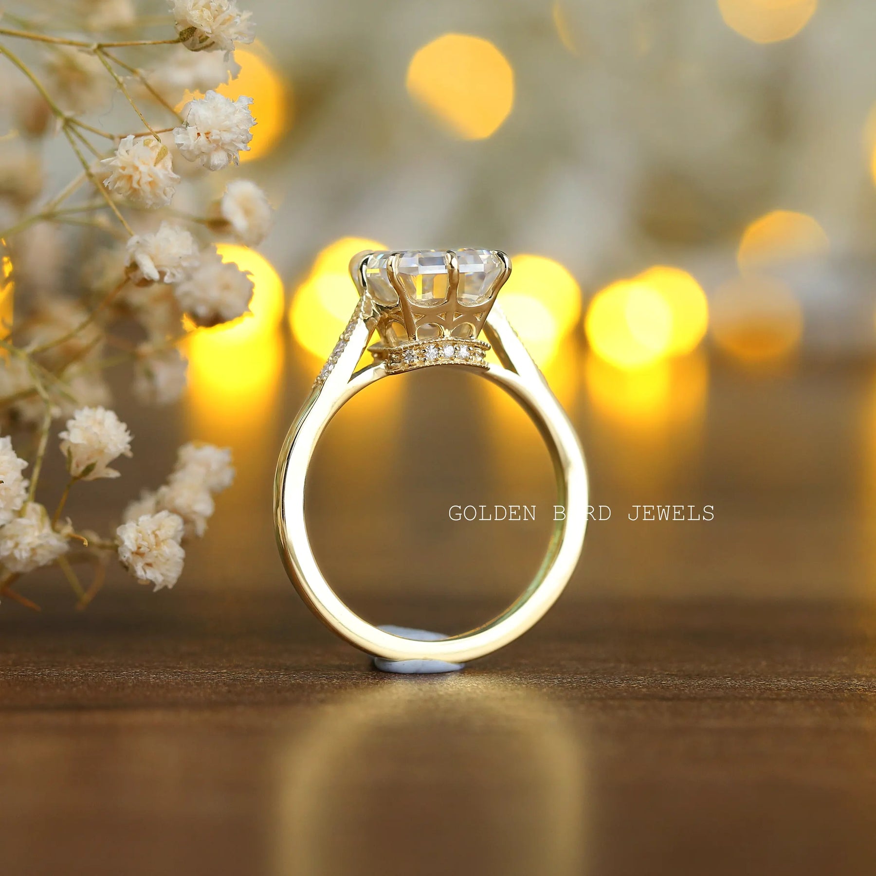 Back view of halo moissanite engagement ring in secure setting