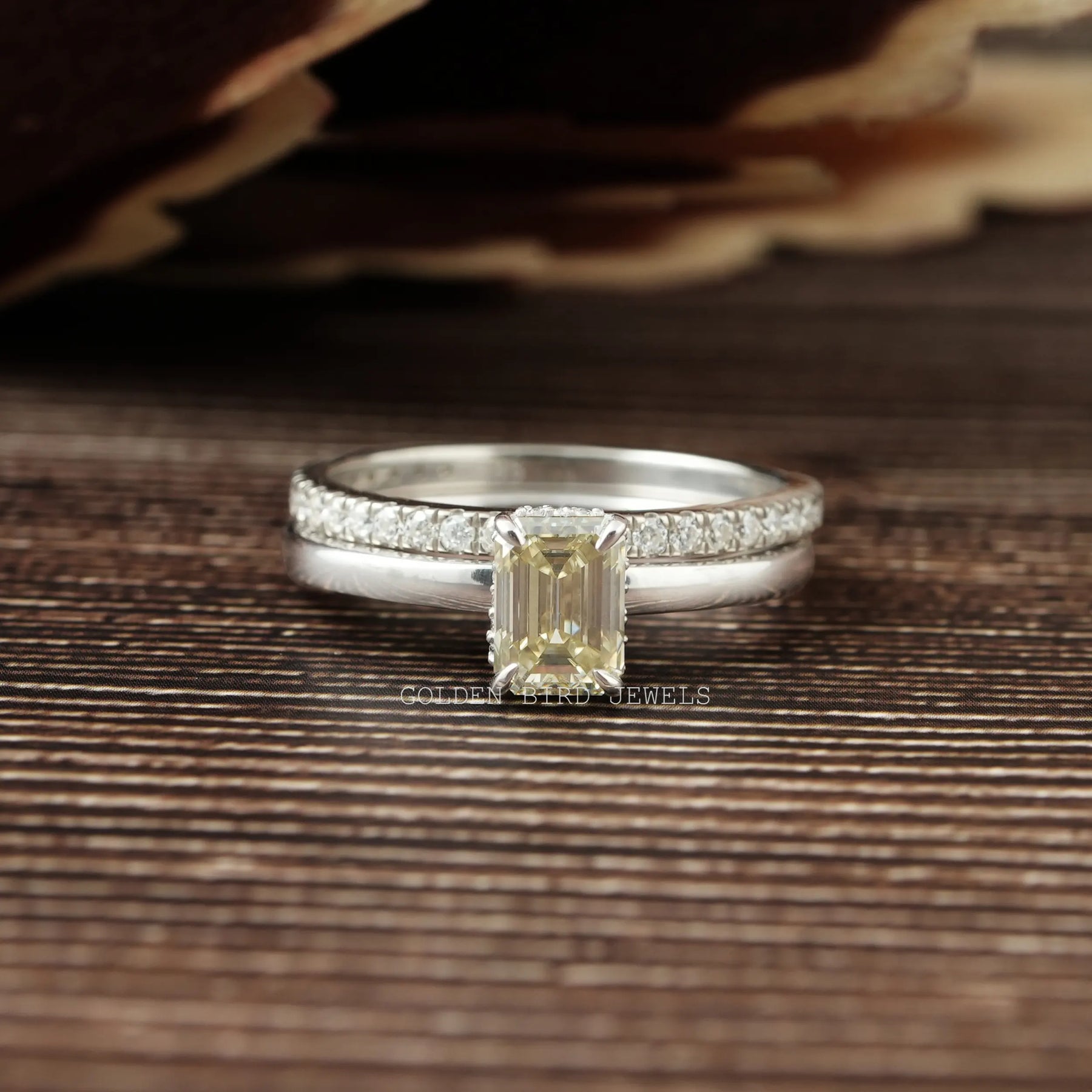 View of Emerald Cut Yellow Moissanite Bridal Ring Set In White Gold