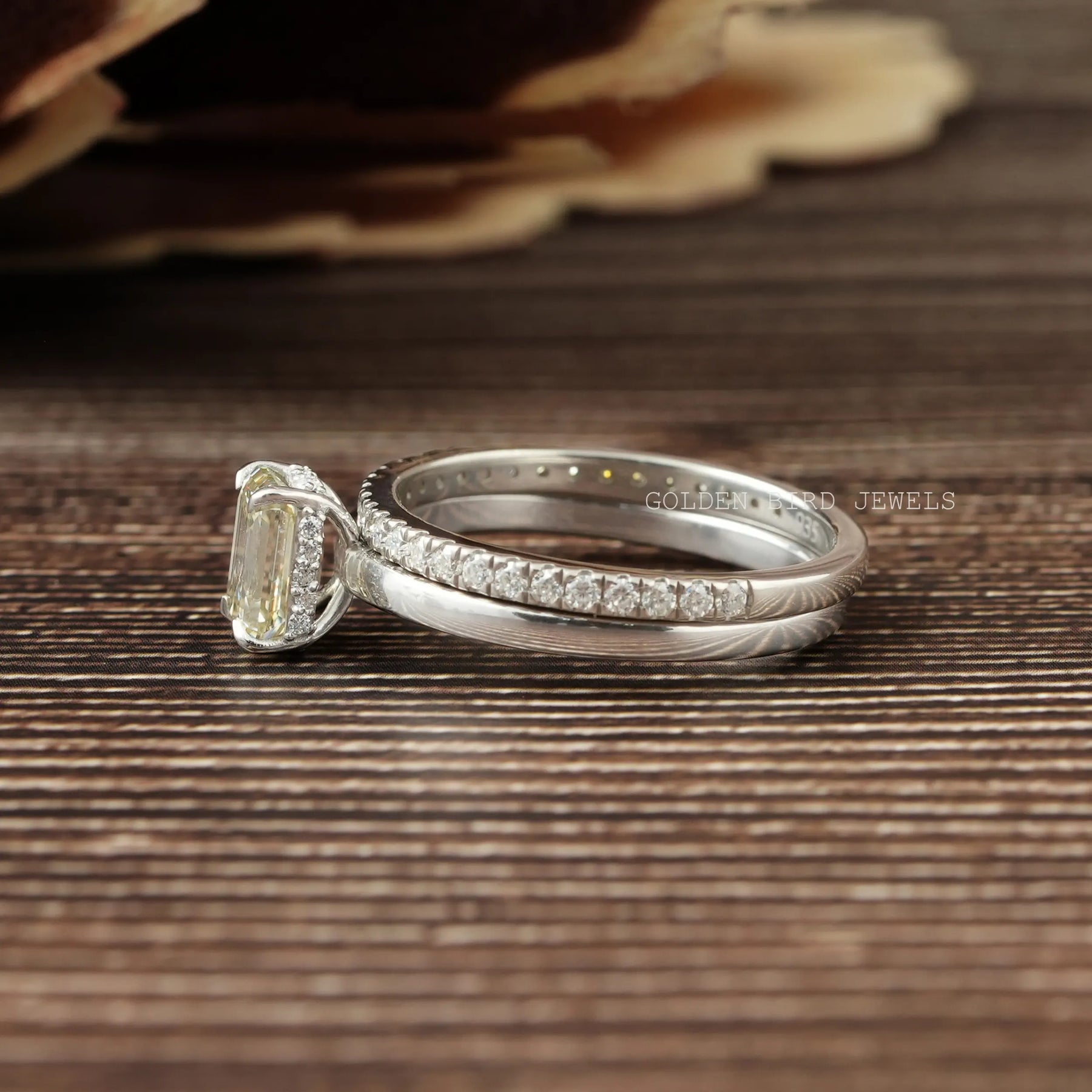 View of Emerald Cut Moissanite Round Matching Band In White Gold