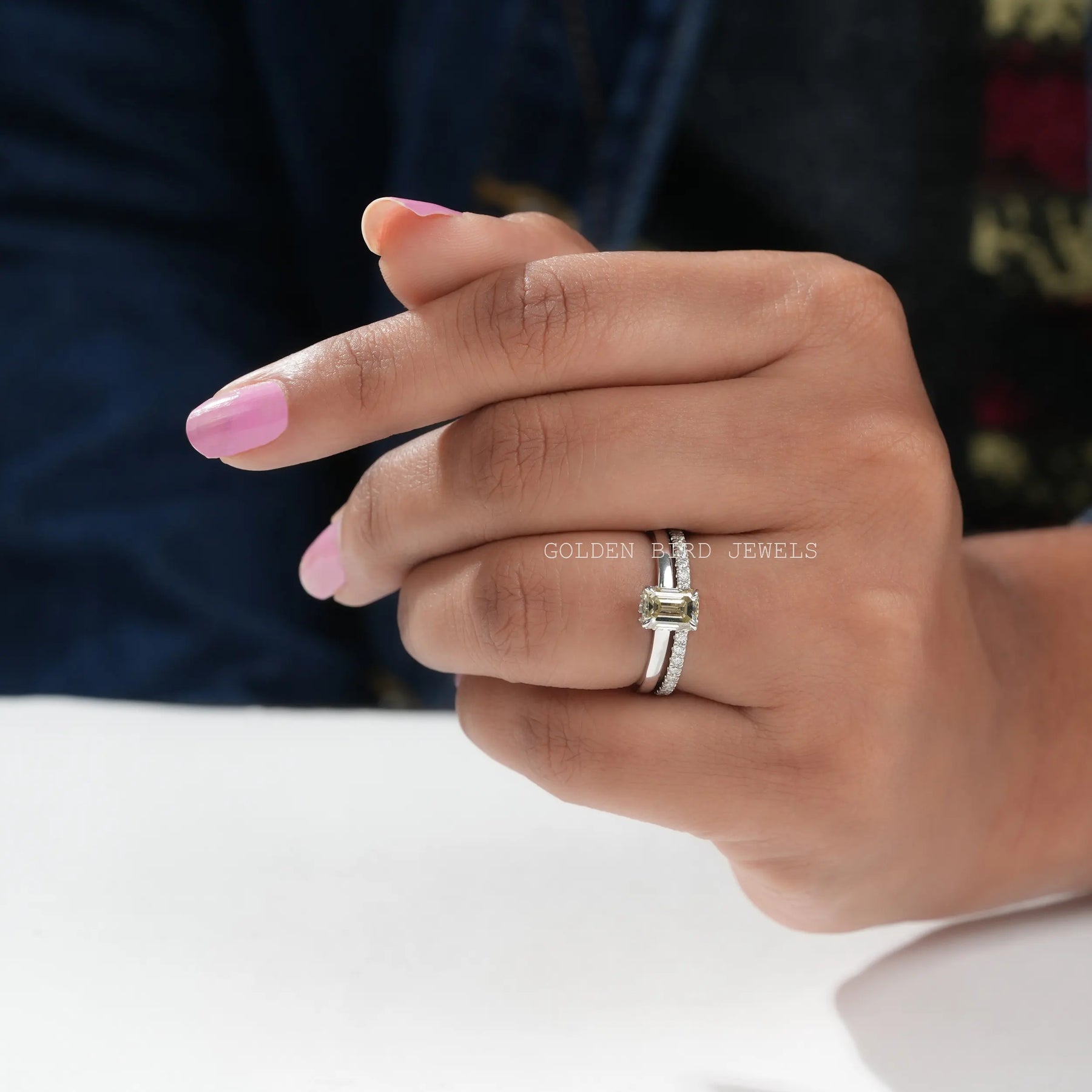 View of Moissanite Emerald Cut Round Matching Band in 14k White Gold