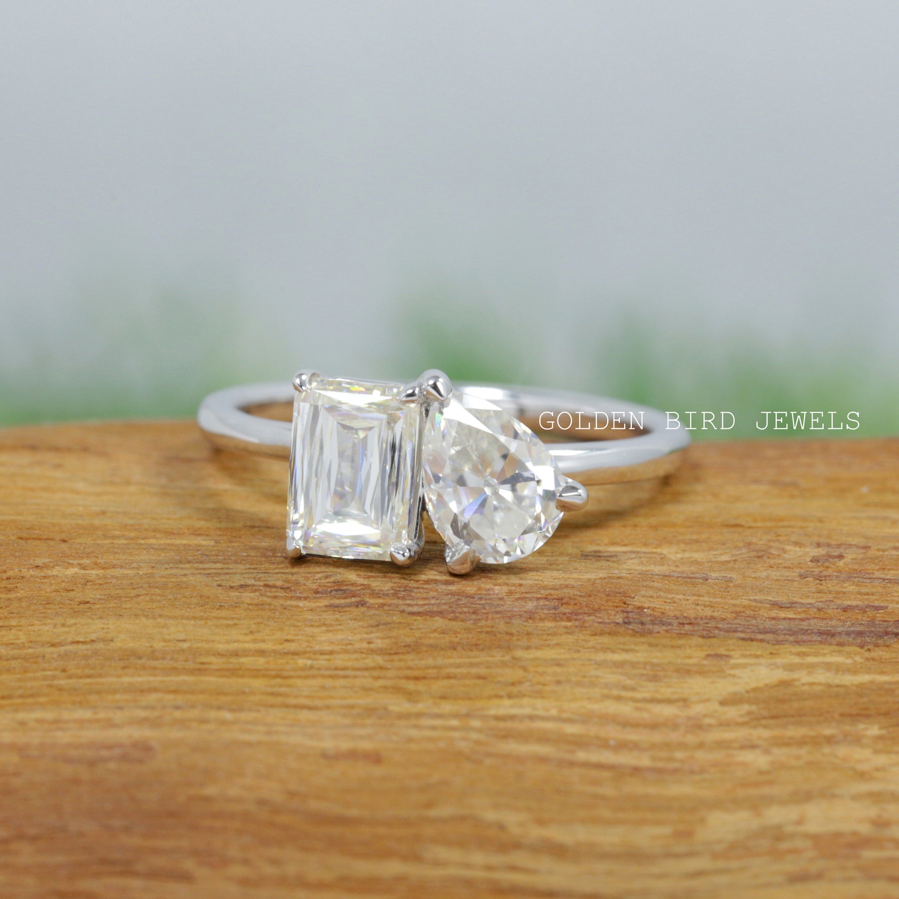 Old Mine Pear & Criss Cut Moissanite Two Stone Ring