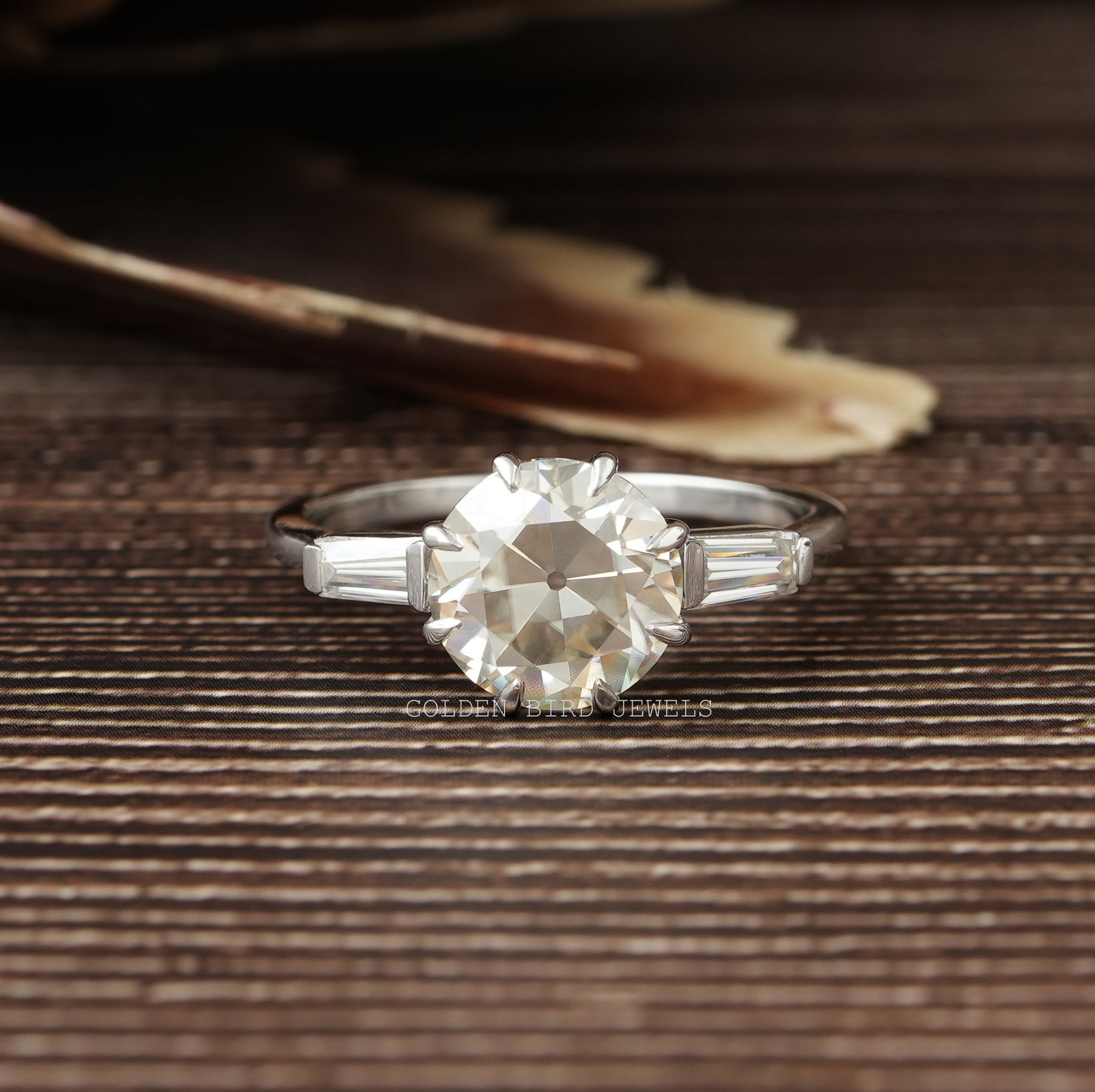 Old European Round Moissanite Three Stone Engagement Ring