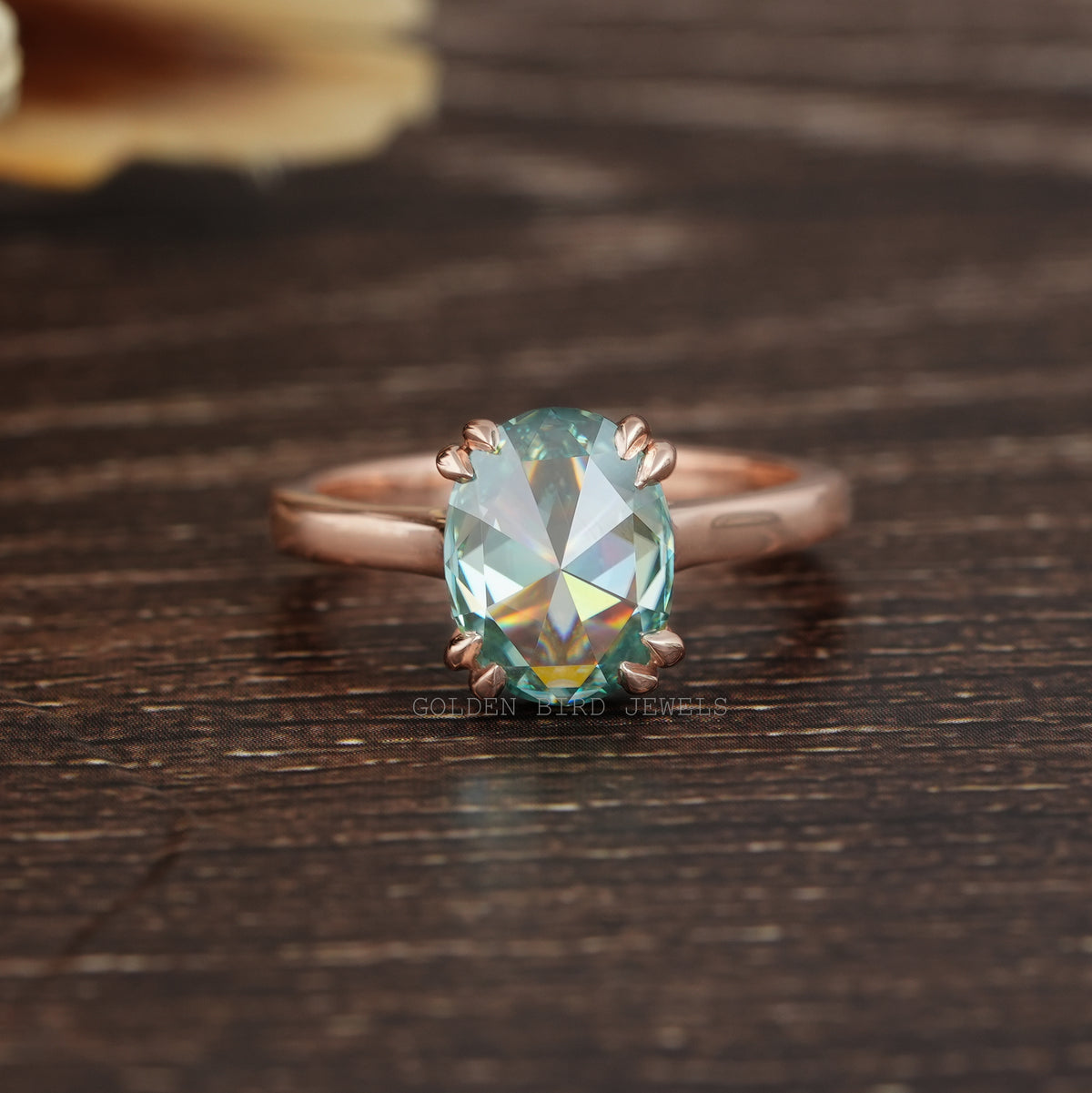 [Rose Cut Oval Moissanite Solitaire Engagement Ring]-[Golden Bird Jewels]
