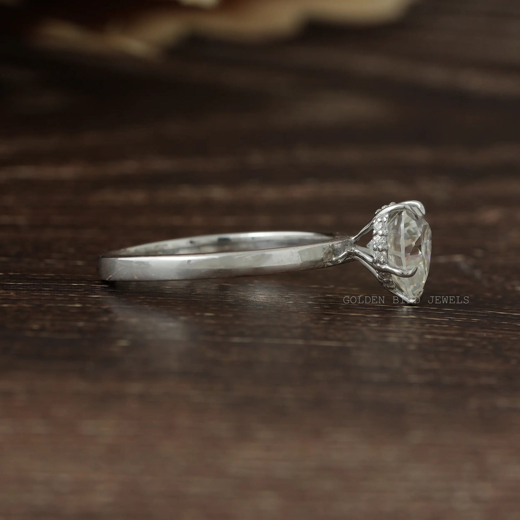 classic style moissanite solitaire with hidden halo engagement ring