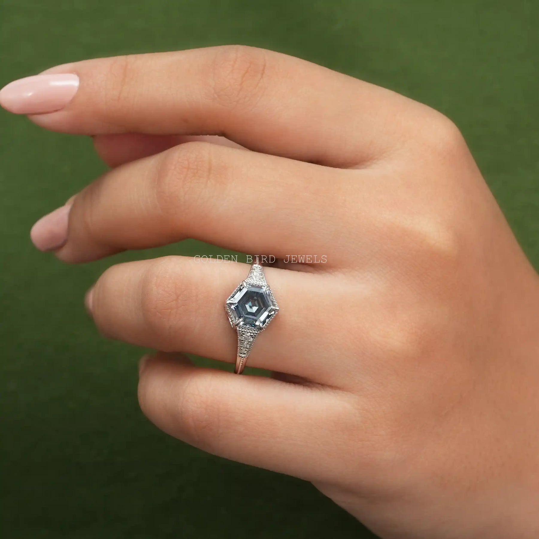 In Finger View Of Hexagon Cut Moissanite Engagement Ring Made For Women