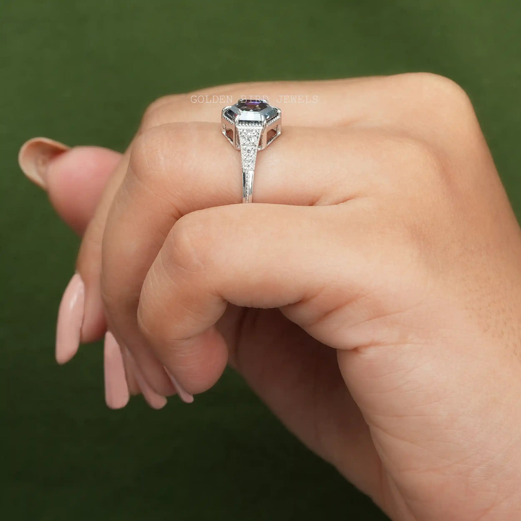 In Finger Side Look Of Grey Hexagon Cut Center Stone And Colorless Round CUt Side Stone Moissanite Engagement Ring