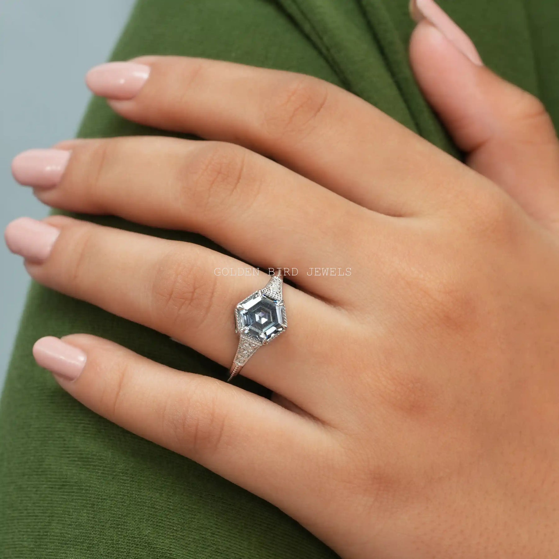 In Finger Fancy Color Hexagon Cut Moissanite Solitaire Engagement Ring