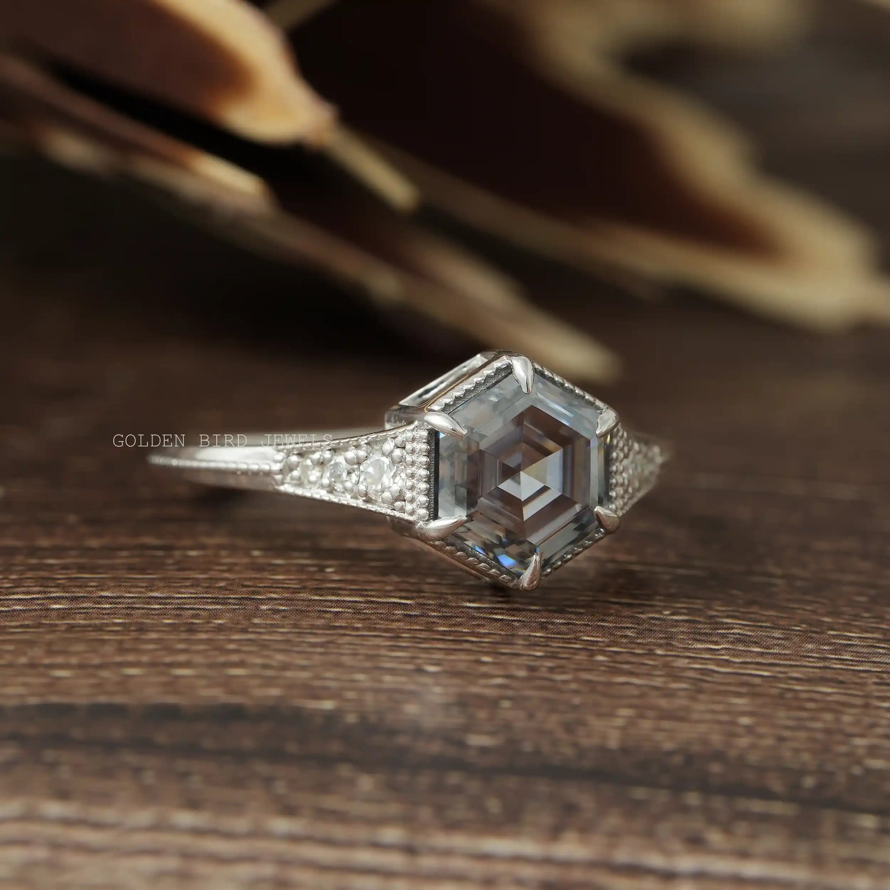 Six Prong Set Grey Hexagon Cut Moissanite Engagement Ring Made With Solid White Gold