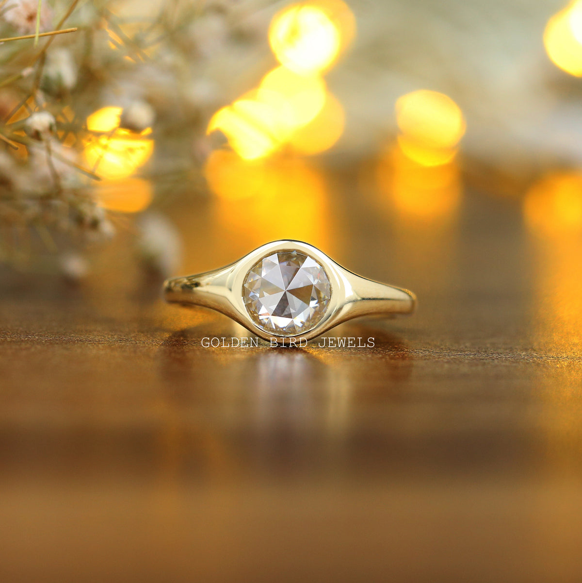 [Rose cut round moissanite ring made of bezel setting]-[Golden Bird Jewels]