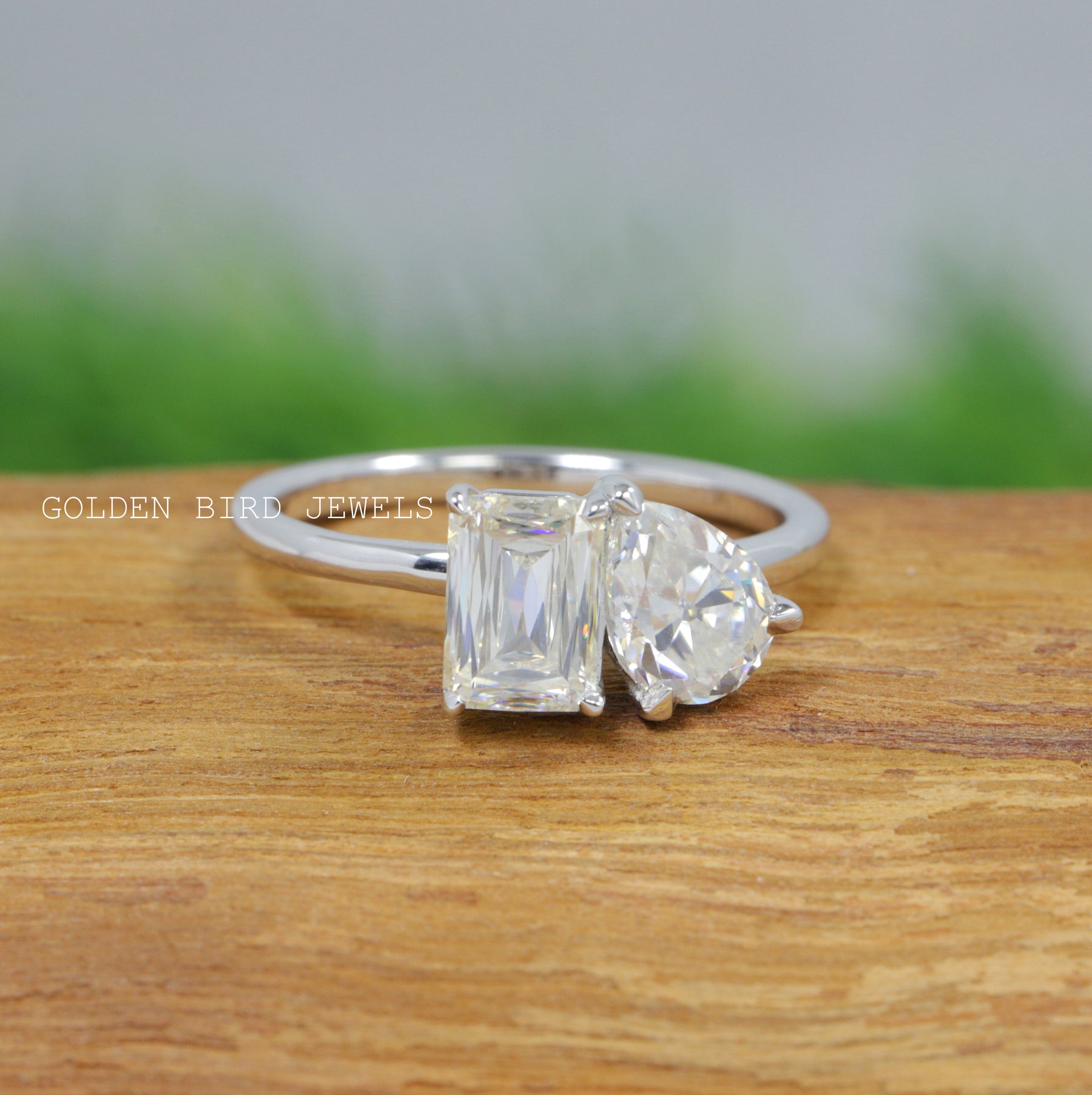 Old Mine Pear & Criss Cut Moissanite Two Stone Ring