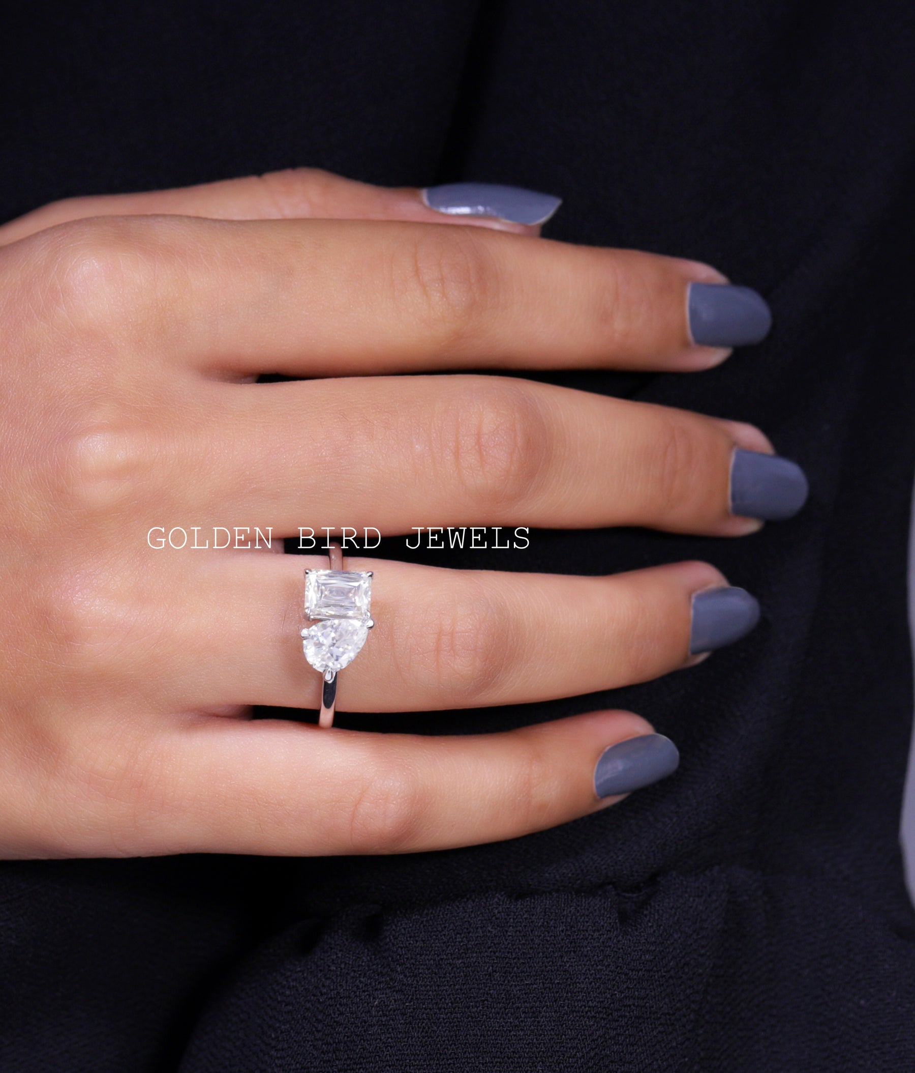 Old Mine Pear & Criss Cut Moissanite Two Stone Ring
