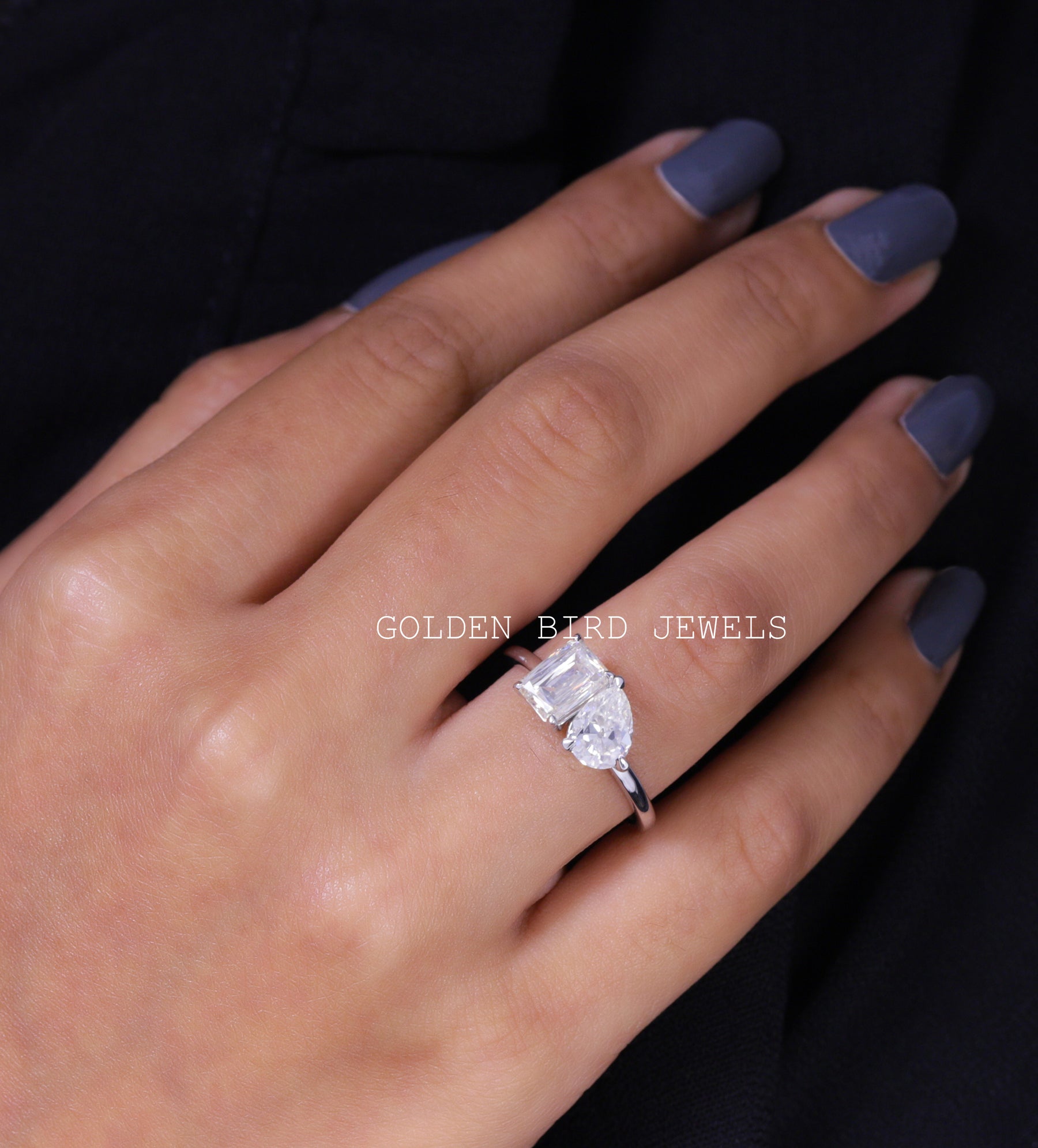 Old Mine Pear & Criss Cut Moissanite Two Stone Ring