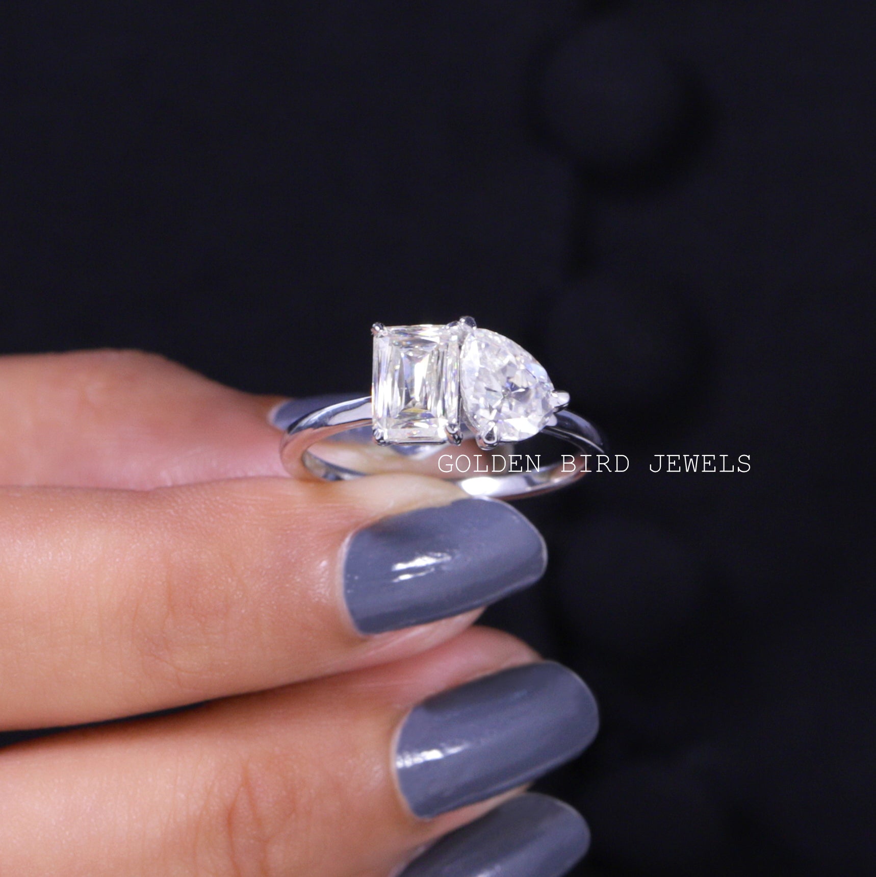 Old Mine Pear & Criss Cut Moissanite Two Stone Ring