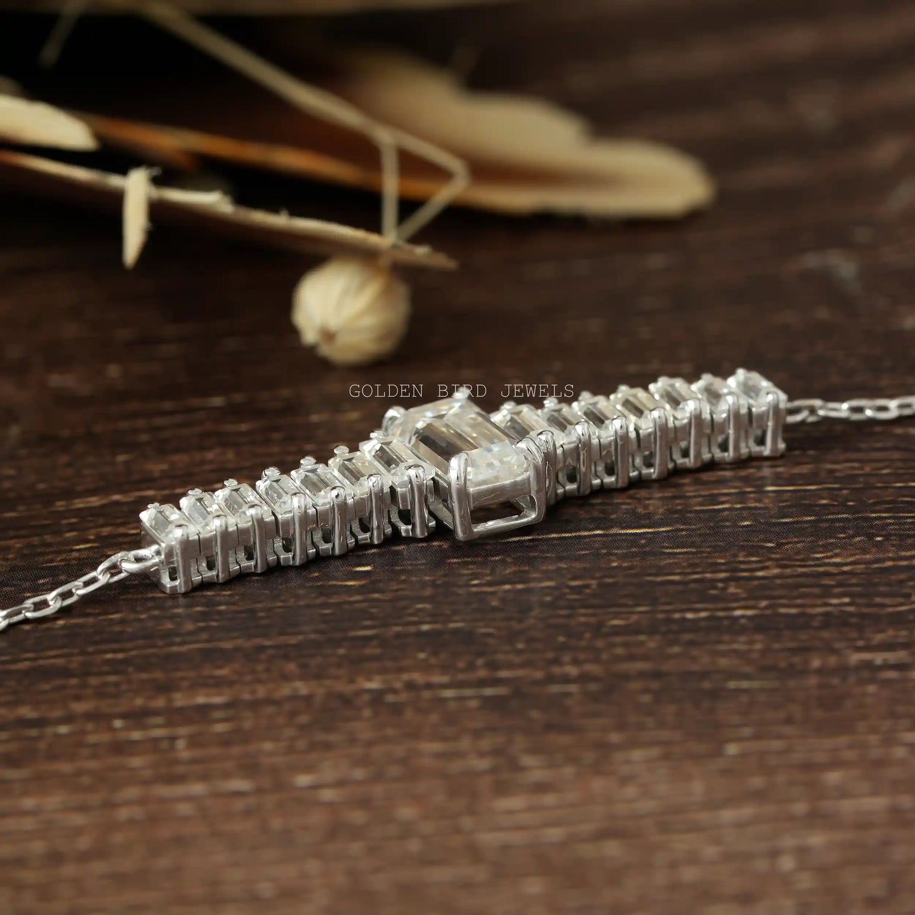 side view of Long Emerald Cut With Baguette Moissanite Tennis Chain Bracelet