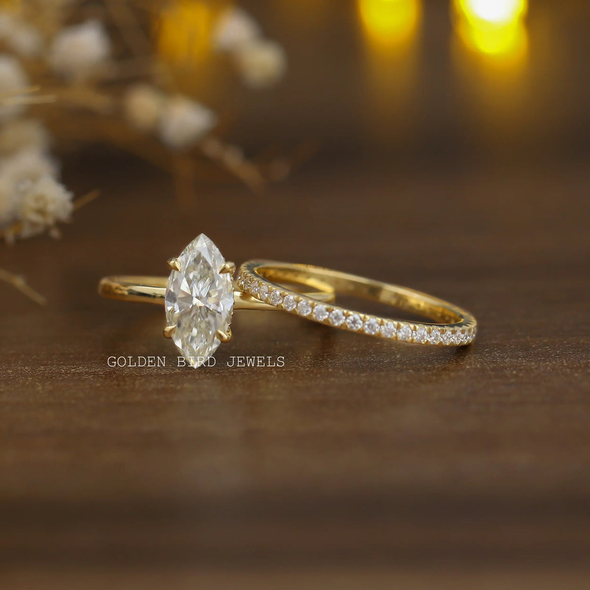 Marquise Cut Moissanite Hidden Halo Engagement Ring Set