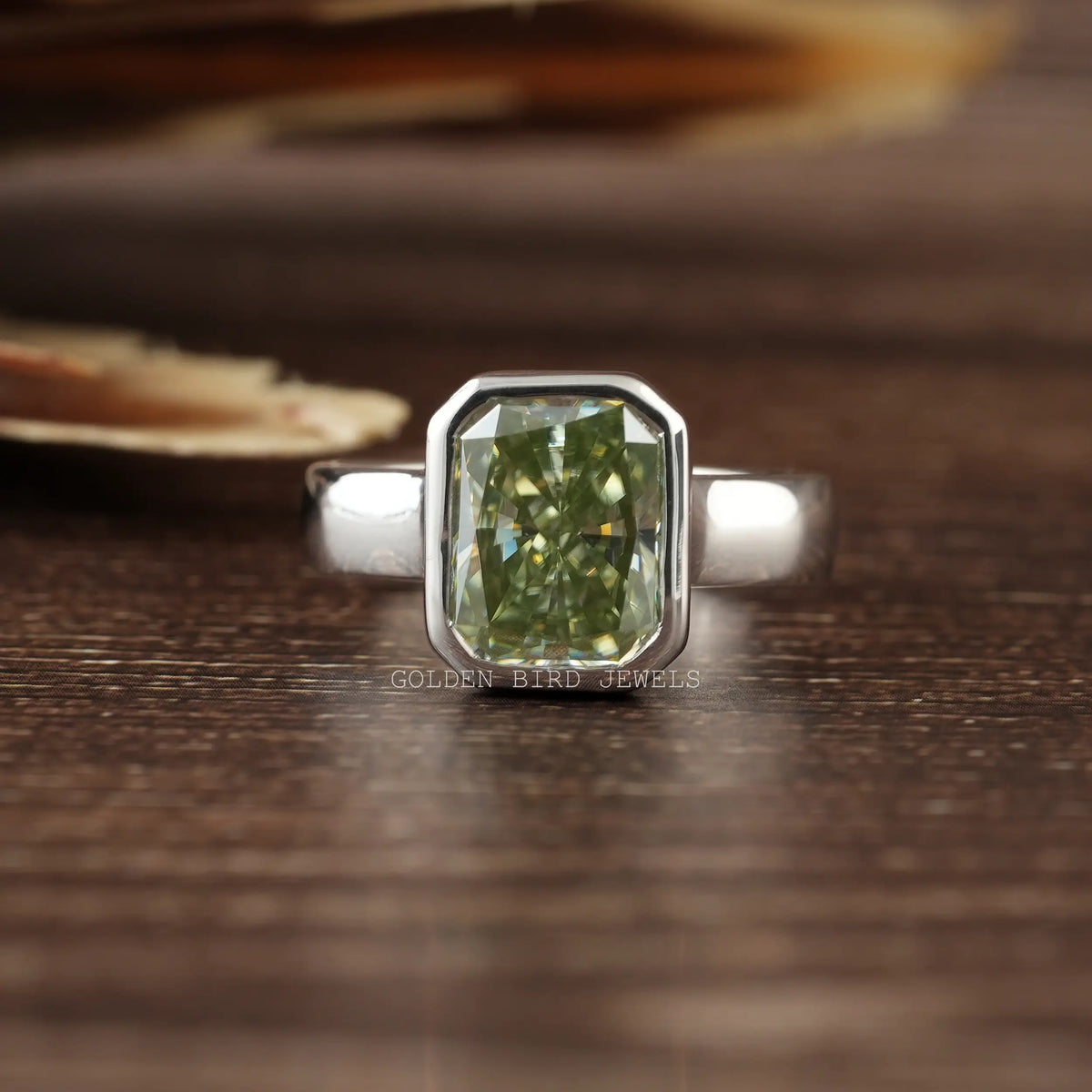 [3 Carat Mint Green Radiant Moissanite Bezel Solitaire Engagement Ring]-[Golden Bird Jewels]