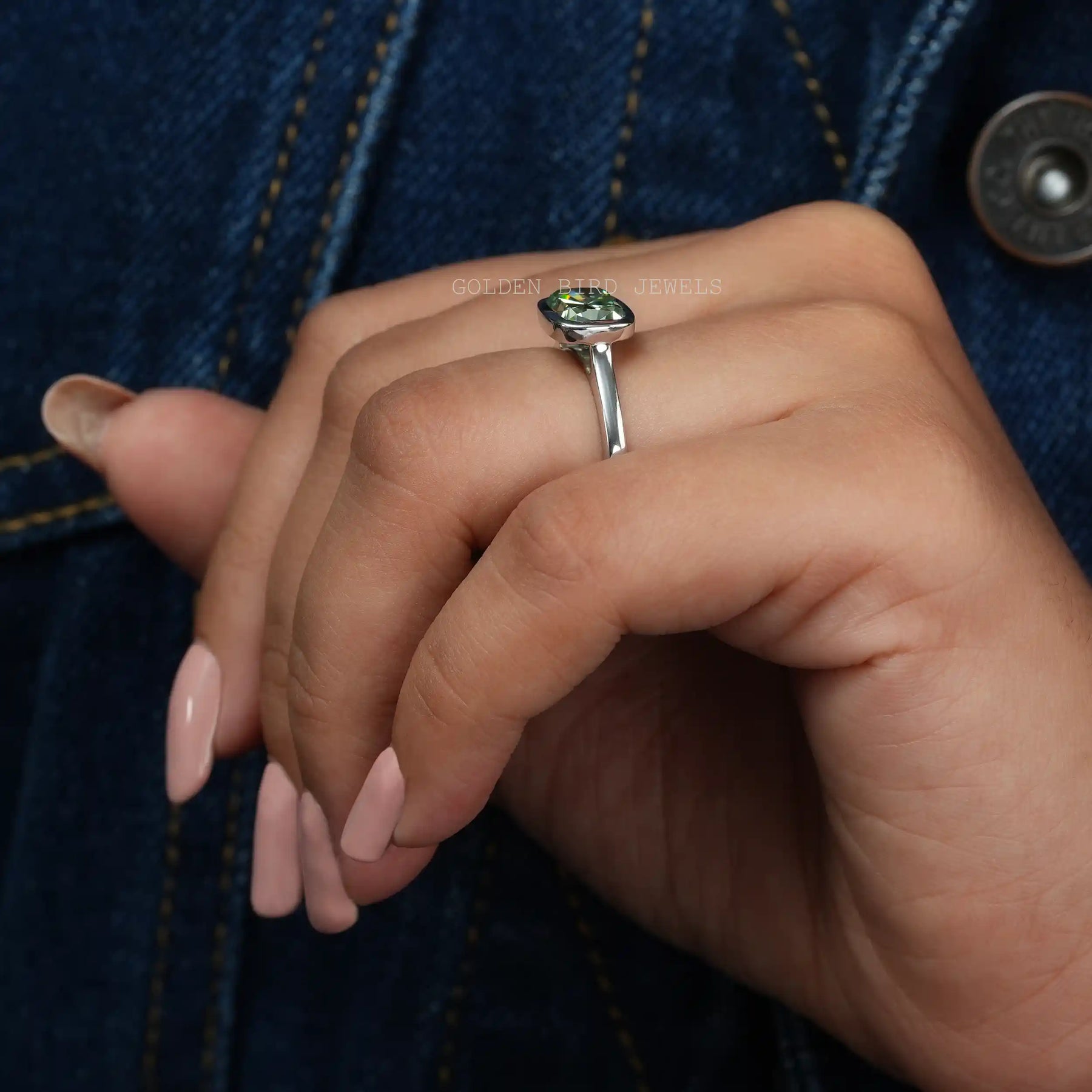 In Finger Side View Of Old Mine Cushion Cut Mint Green Color Moissaanite Solitaire Engagement Ring Made With 18K White Gold