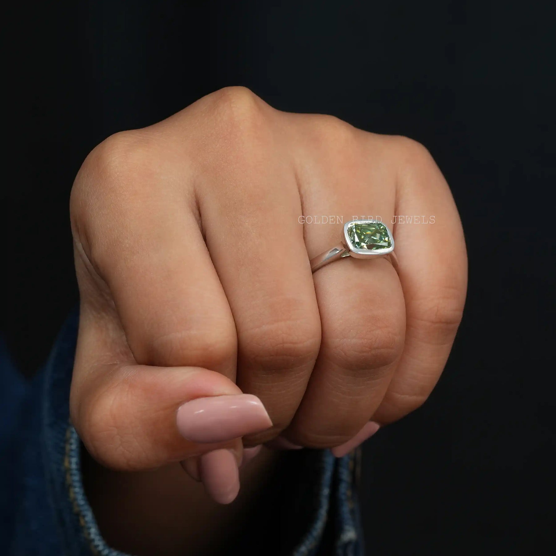 in Finger Look Of Beautiful Mint Green Old Mine Cushion Cut bezel Set Engagement Ring