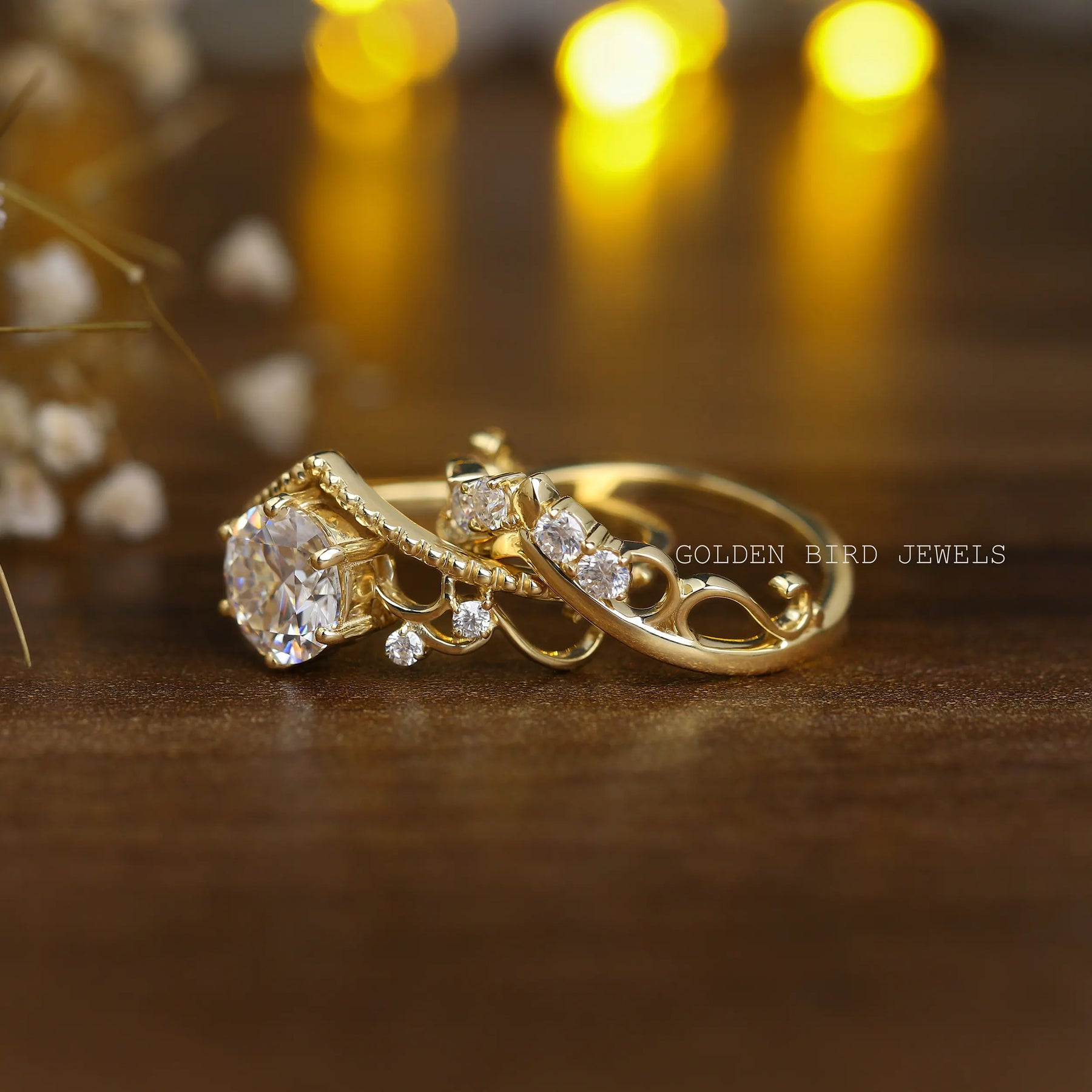 [Round Cut Vintage Bridal Wedding Ring Set]-[Golden Bird Jewels]