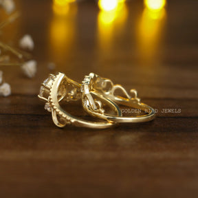 [Crown Style Moissanite Vintage Wedding Bridal Ring Set]-[Golden Bird Jewels]