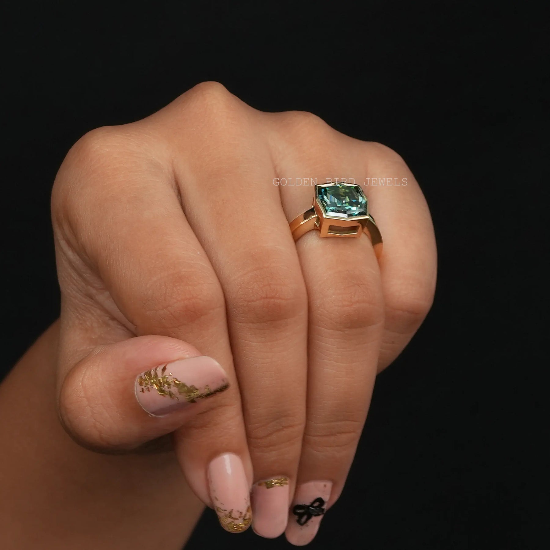 In Finger Front View Of Fancy Color And Antique Cut Cushion Shape Moissanite Solitaire Ring