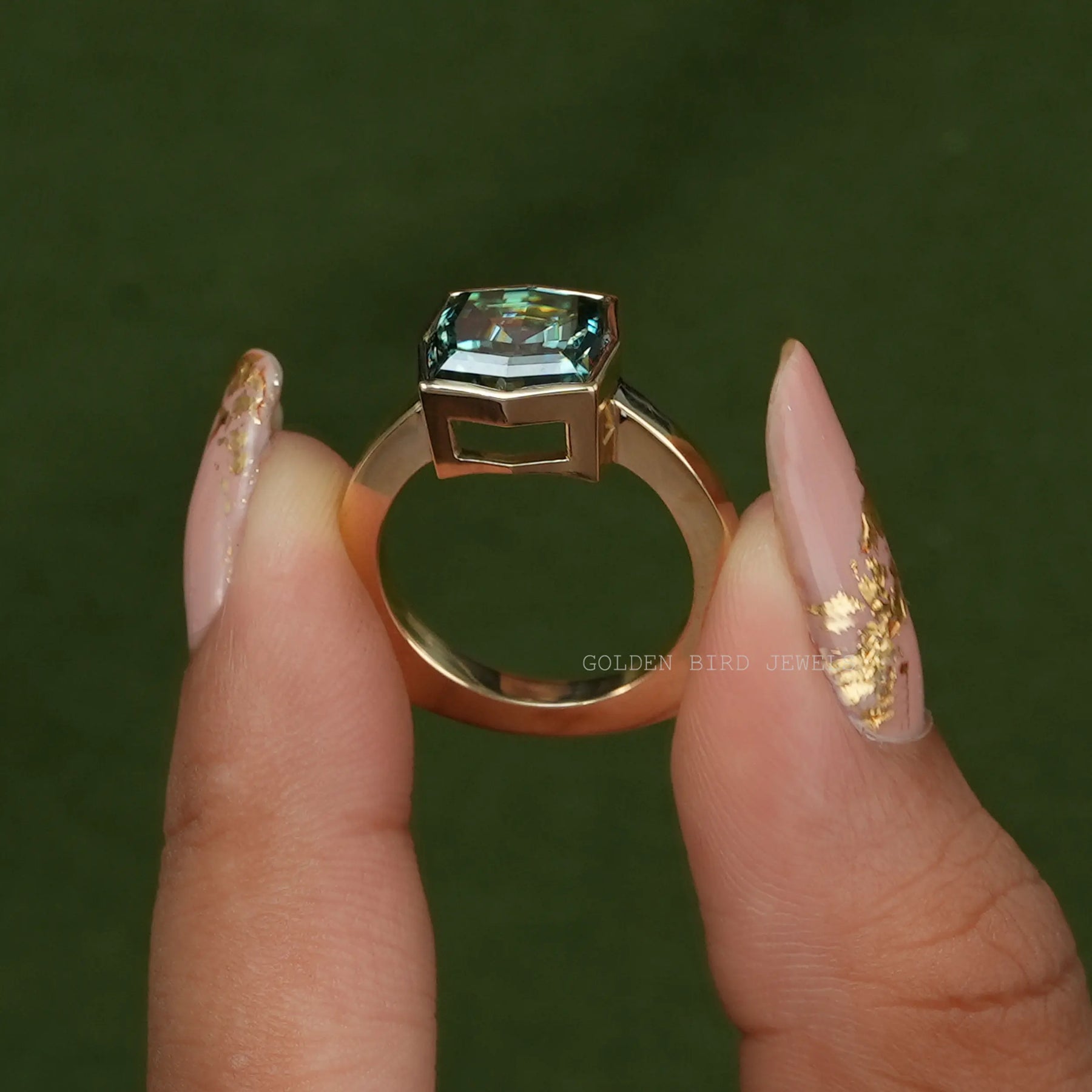 Front Side View Of 3.85 Carat Fancy Color With VVS Clarity Moissanite Solitaire Engagement Ring Made In 18K Yellow Gold
