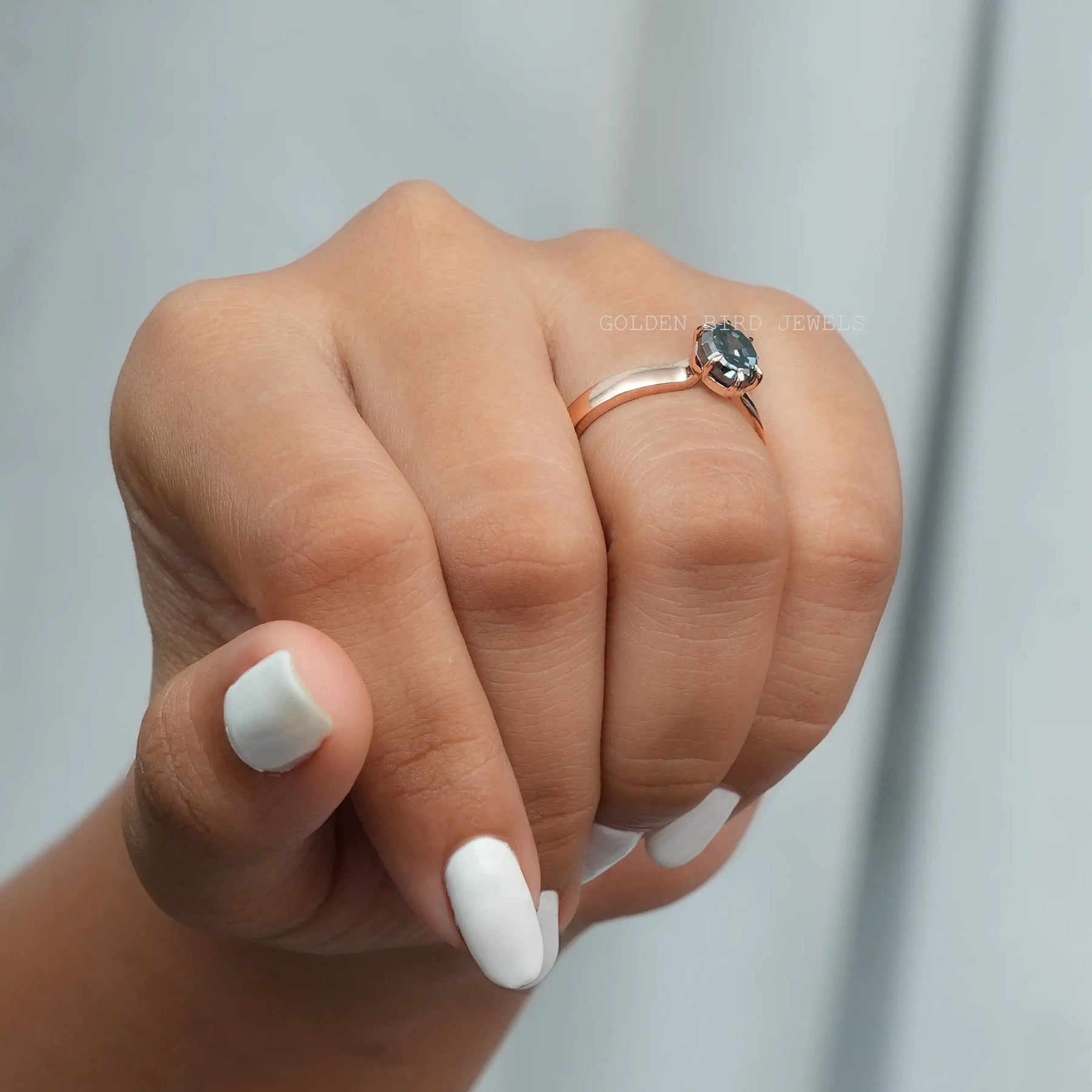 In Finger Side Look Of 18K Rose Gold Fancy Color Step Cut Moissanite Solitaire Engagement Ring