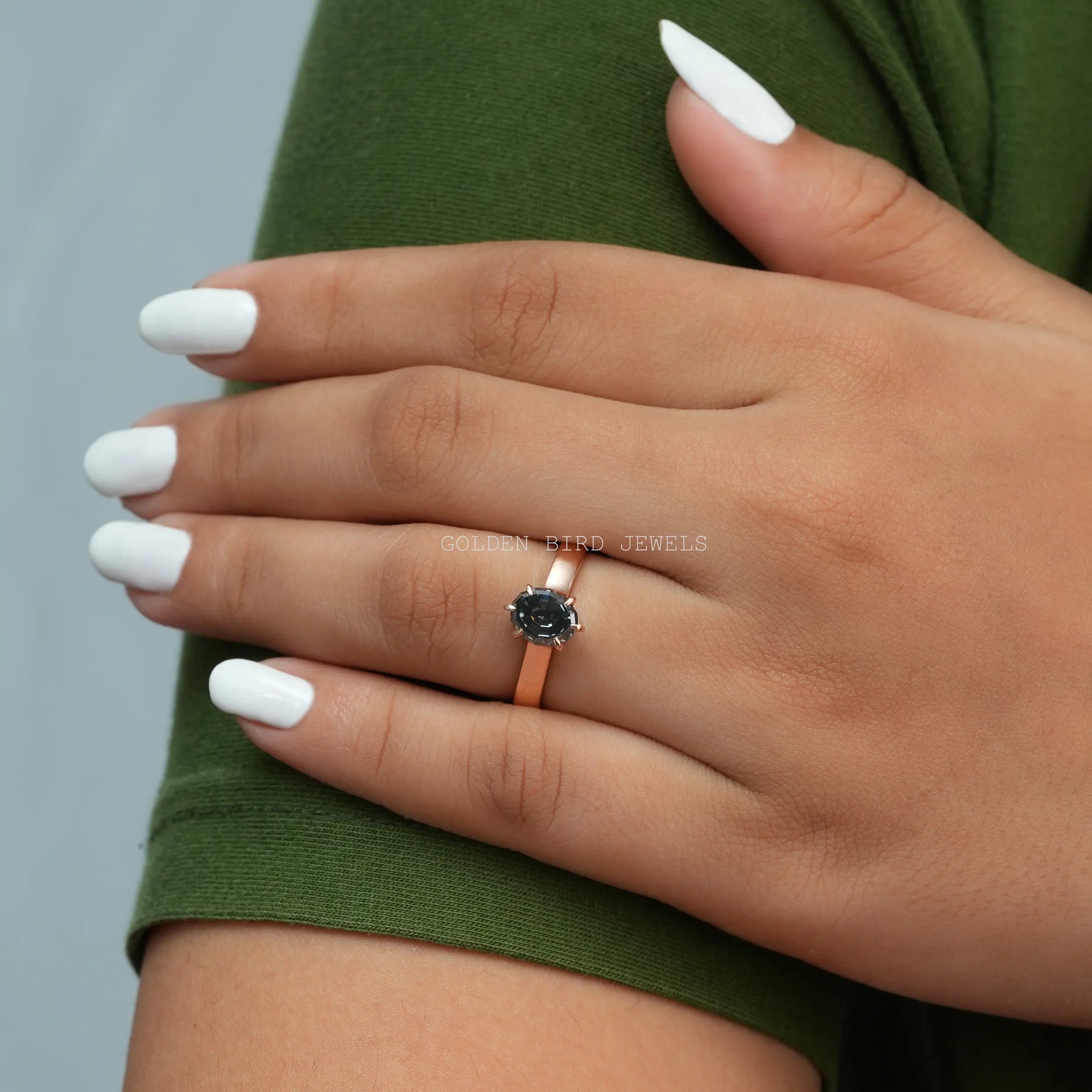 In Finger View Of Gray Step Cut Oval Shape Moissanite Six Prong Set Solitaire Ring